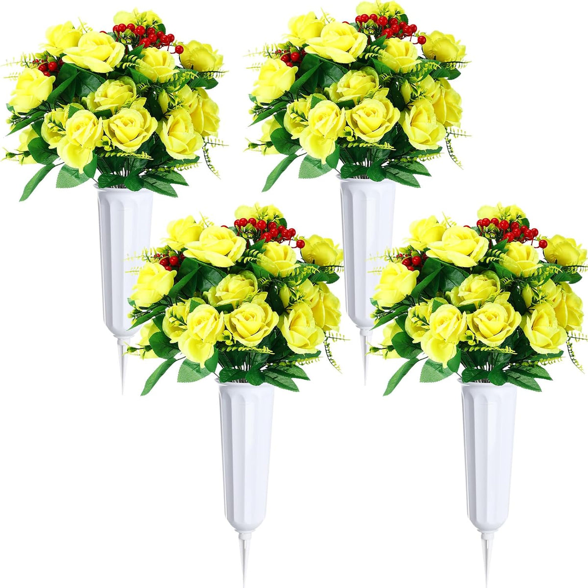 4 Sets Christmas Artificial Cemetery Flowers With Vase For Grave Silk Fall Flower Bouquet Cemetery Decoration For Outdoor Funeral Graveside Headstone Arrangement(White, Yellow)