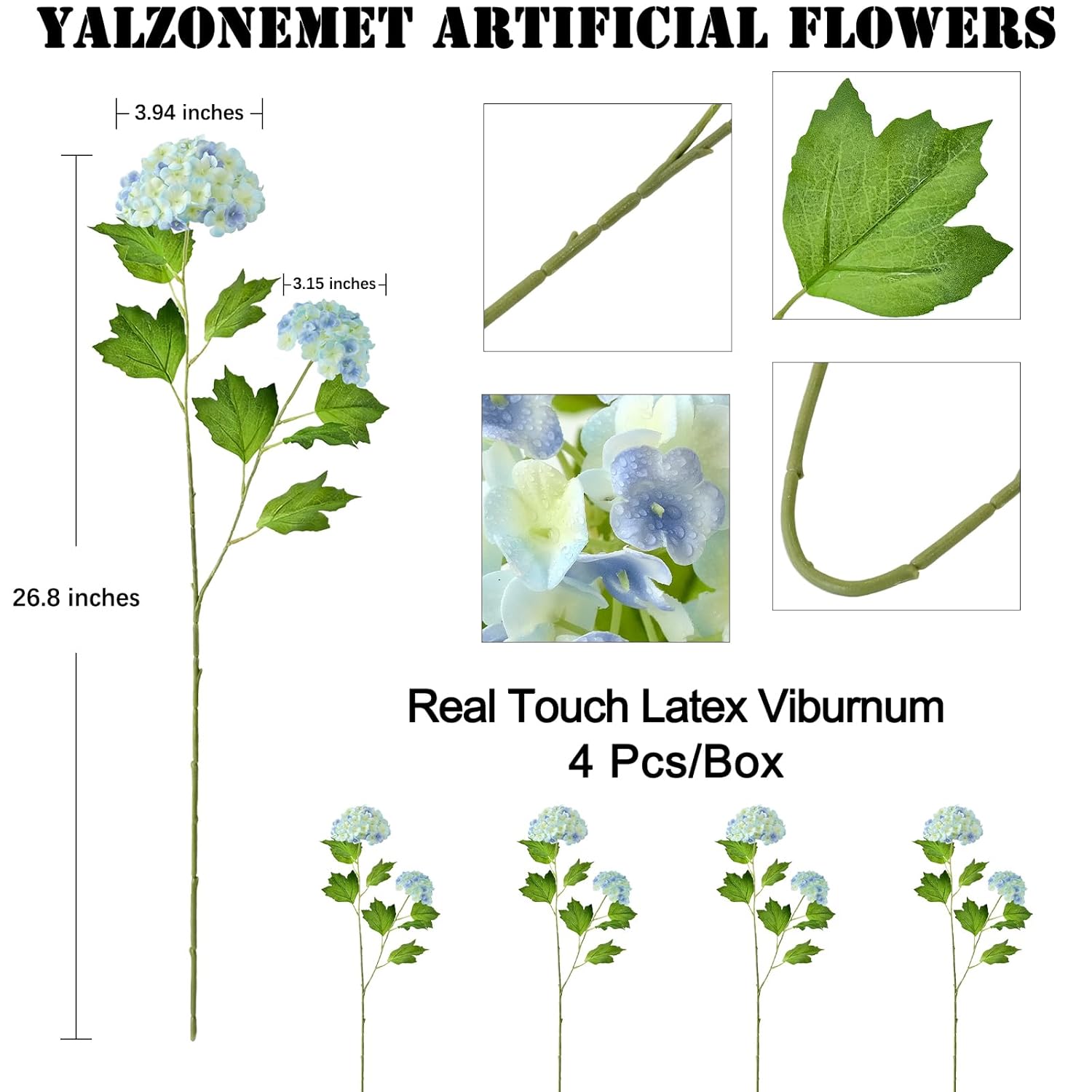 Artificial Snowball Viburnum 4 Pcs 26.8 In Graduated Blue Small Hydrangea 2 Head Natural Lifelike Real Touch Faux Latex Long Stem Vibernum Flower For Home Decoration Outdoor Wedding Deco