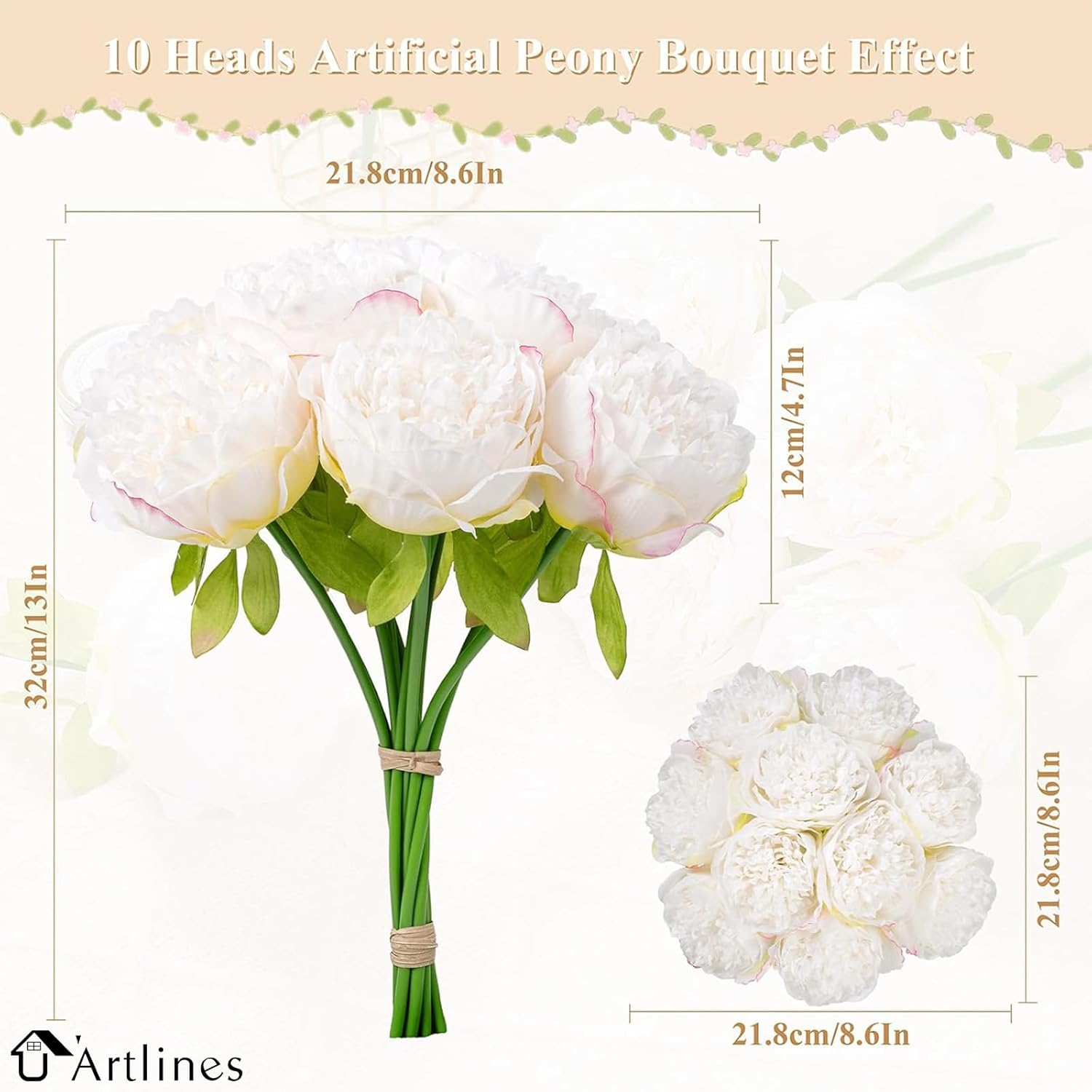2 Bouquet 10 Heads Artificial Peony Silk Flower Leaf Home Office Wedding Party Festival Bar Decor (Cream White)