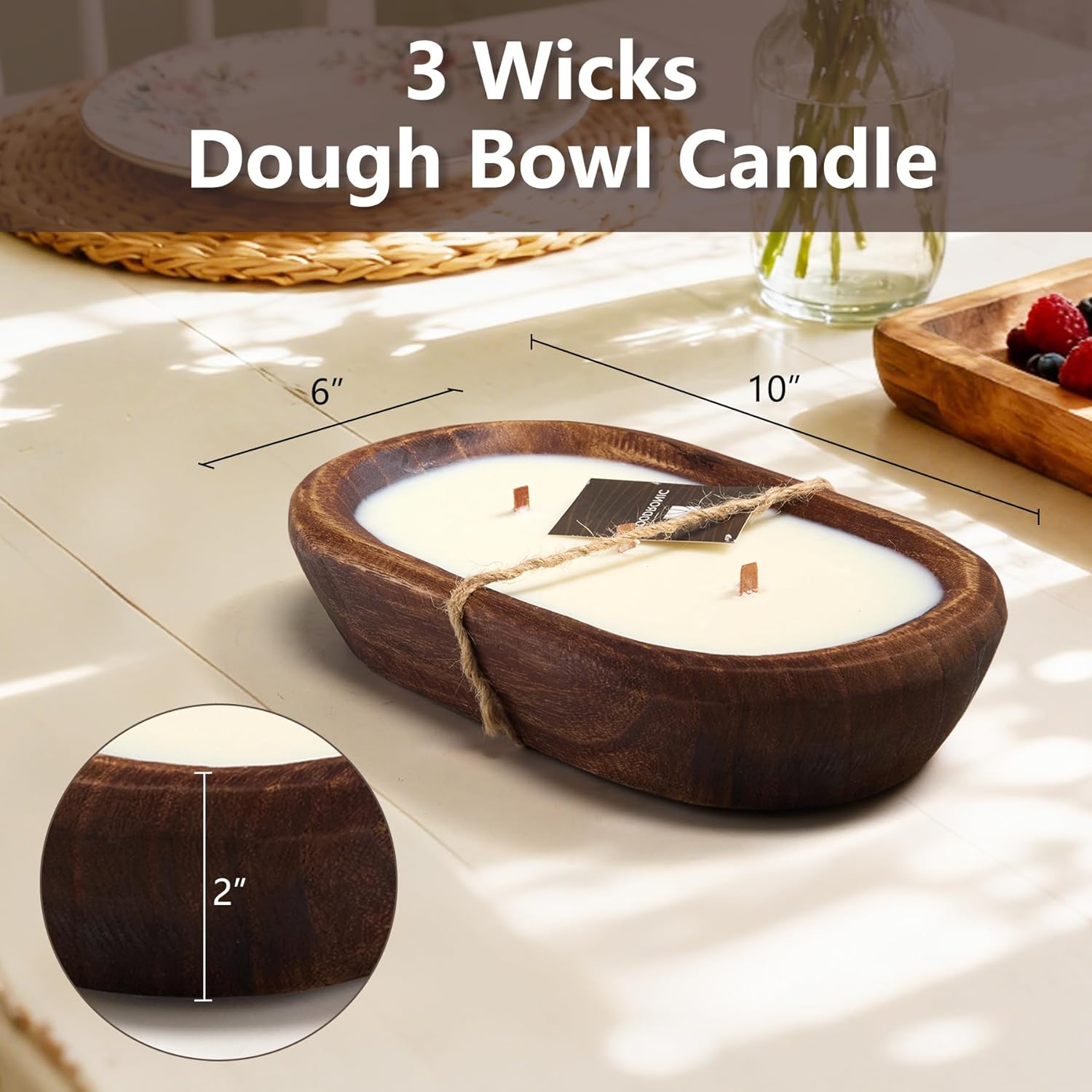 3 Wick Dough Bowl Candle, Vanilla Scented Candle With Brown Wooden Bowl, 10 Inch Large Soy Wax Candle For Home Decor, Living Room, Bedroom, Christmas Gifts For Men & Women