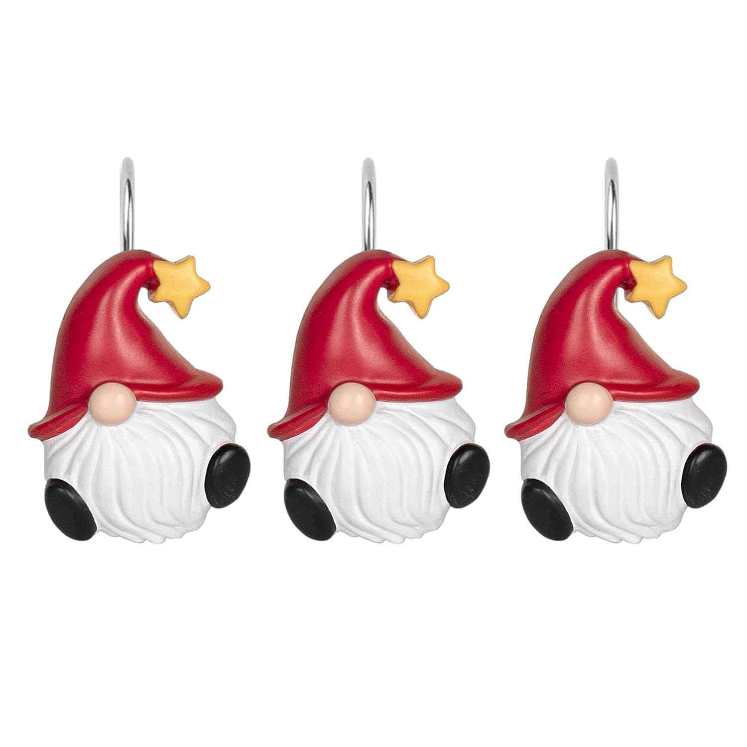 Christmas Shower Curtain Hooks, Gnome Shower Curtain Rings, Hand Painted Resin Christmas Decor, Winter Bathroom Decoration, Red Hat With Yellow Star, Set Of 12
