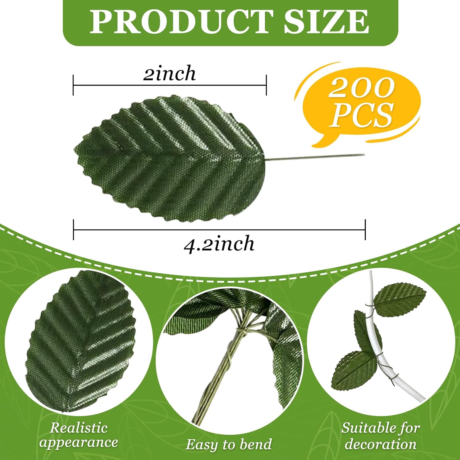 Artificial Leaves,200 Pieces Faux Wired Single Leaf Fake Rose Wire Crafts Leaves For Flower Diy Home Decorative Bouquet Wreaths Wedding Decor Christmas Decorations (Green)
