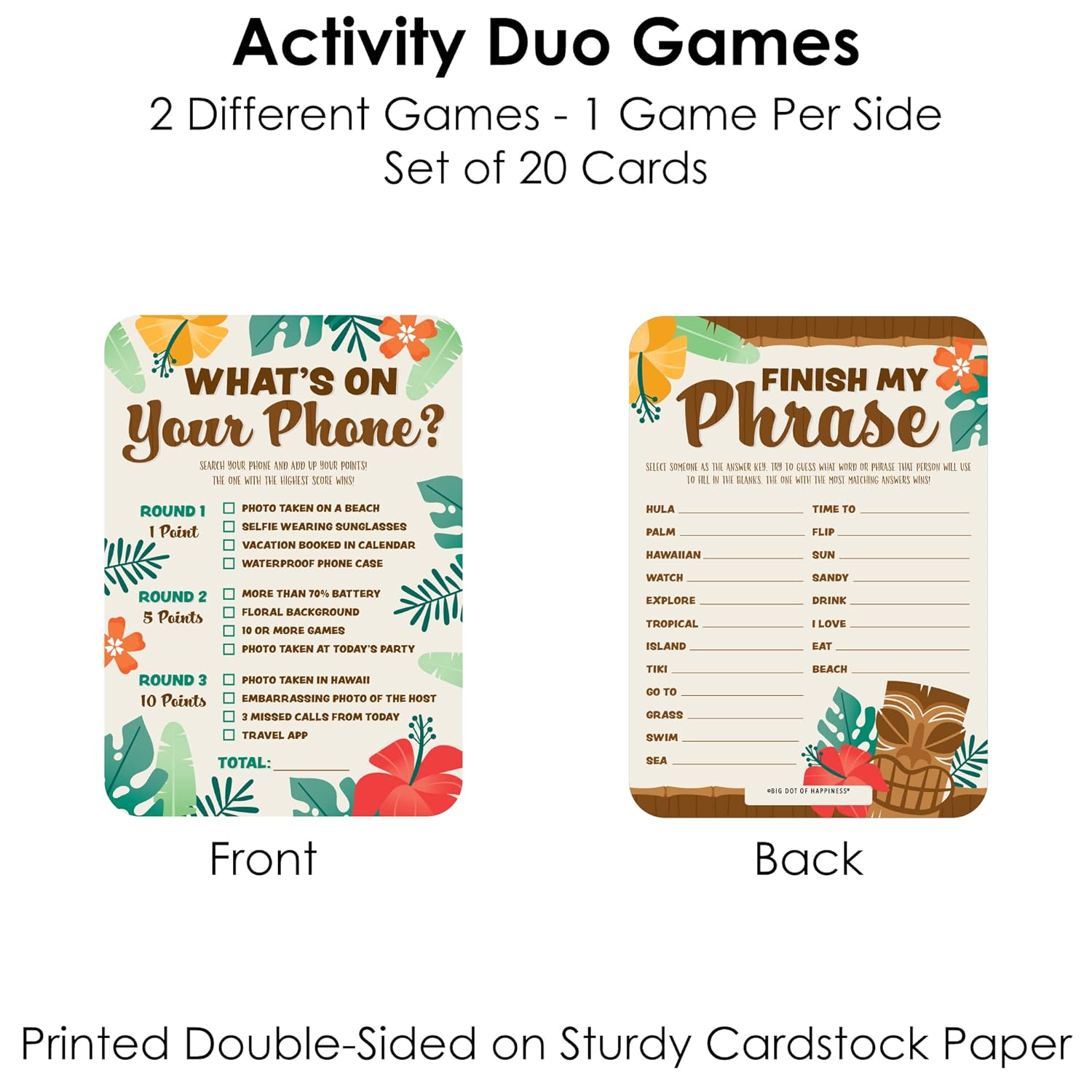 Big Dot of Happiness Tropical Luau - 2-in-1 Hawaiian Beach Party Cards - Activity Duo Games - Set of 20