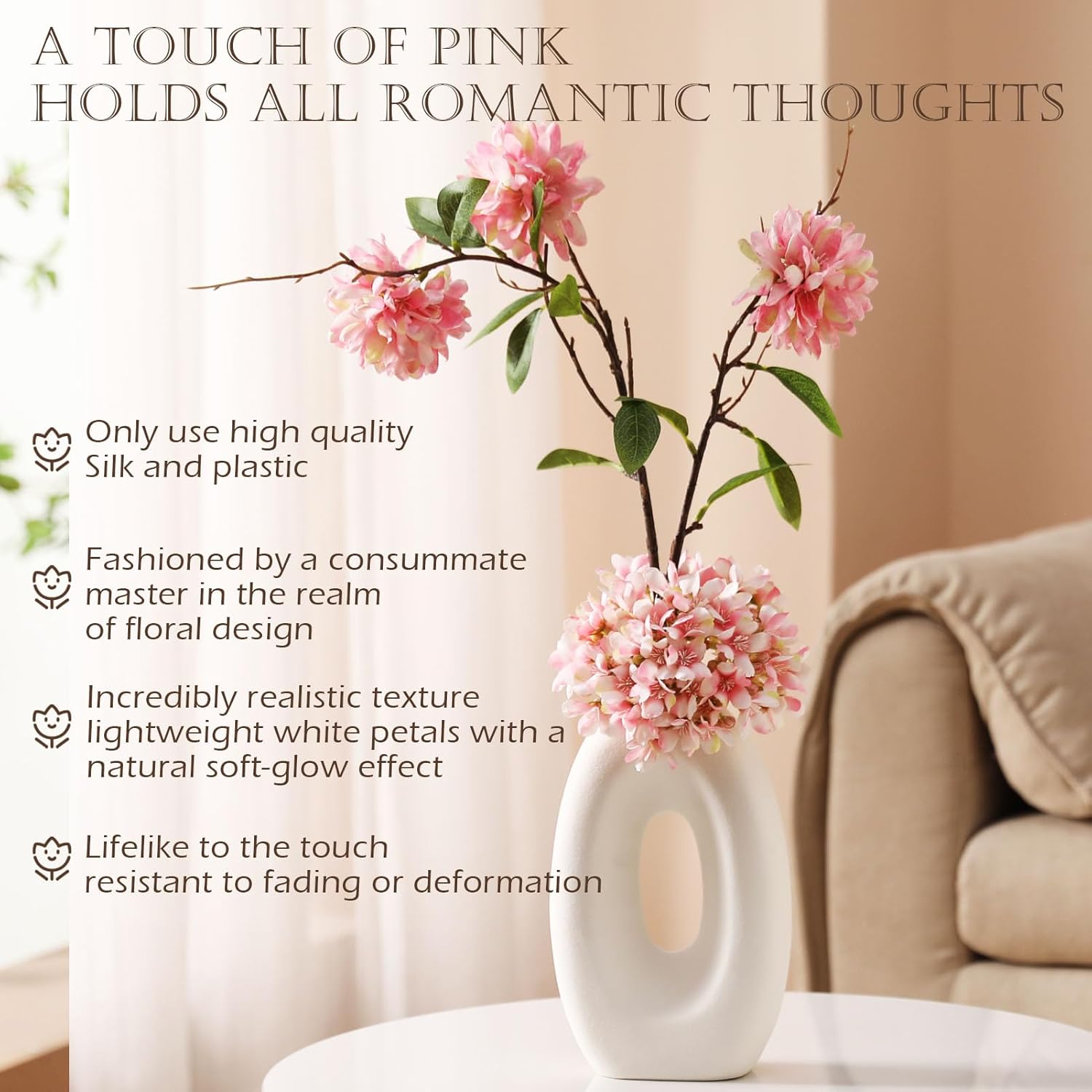 Fake Flower Bouquet And Vase Set, Faux Flower Arrangement For Decorating Living Room And Offices, Realistic Artificial Flowers Made Of Silk & Plastic, Floral Decoration With Pink Blossoms