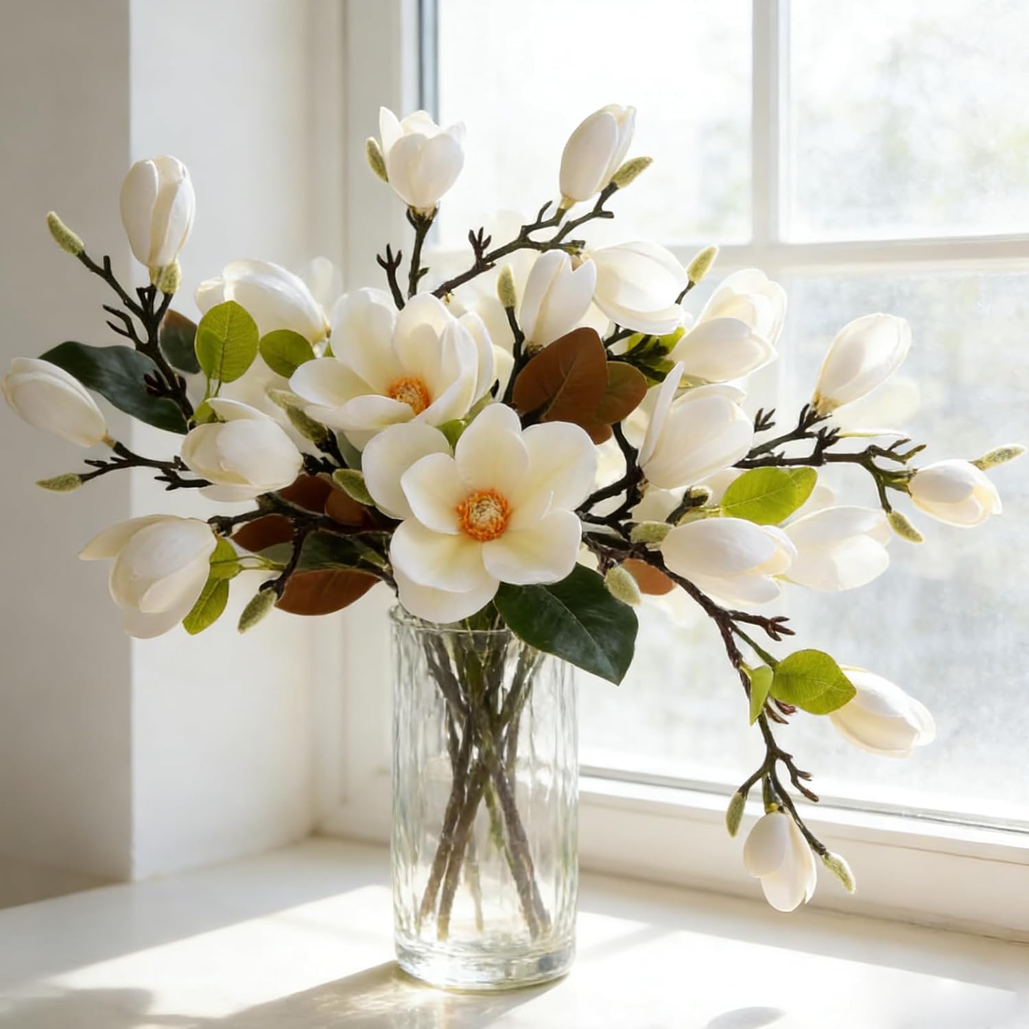 6 Pcs Artificial Magnolia Flowers Stems White Magnolia Long Stem Flower Faux Creamy Grandiflora Buds With Green Leaves For Tall Vase Realistic Table Centerpiece Indoor Decoration