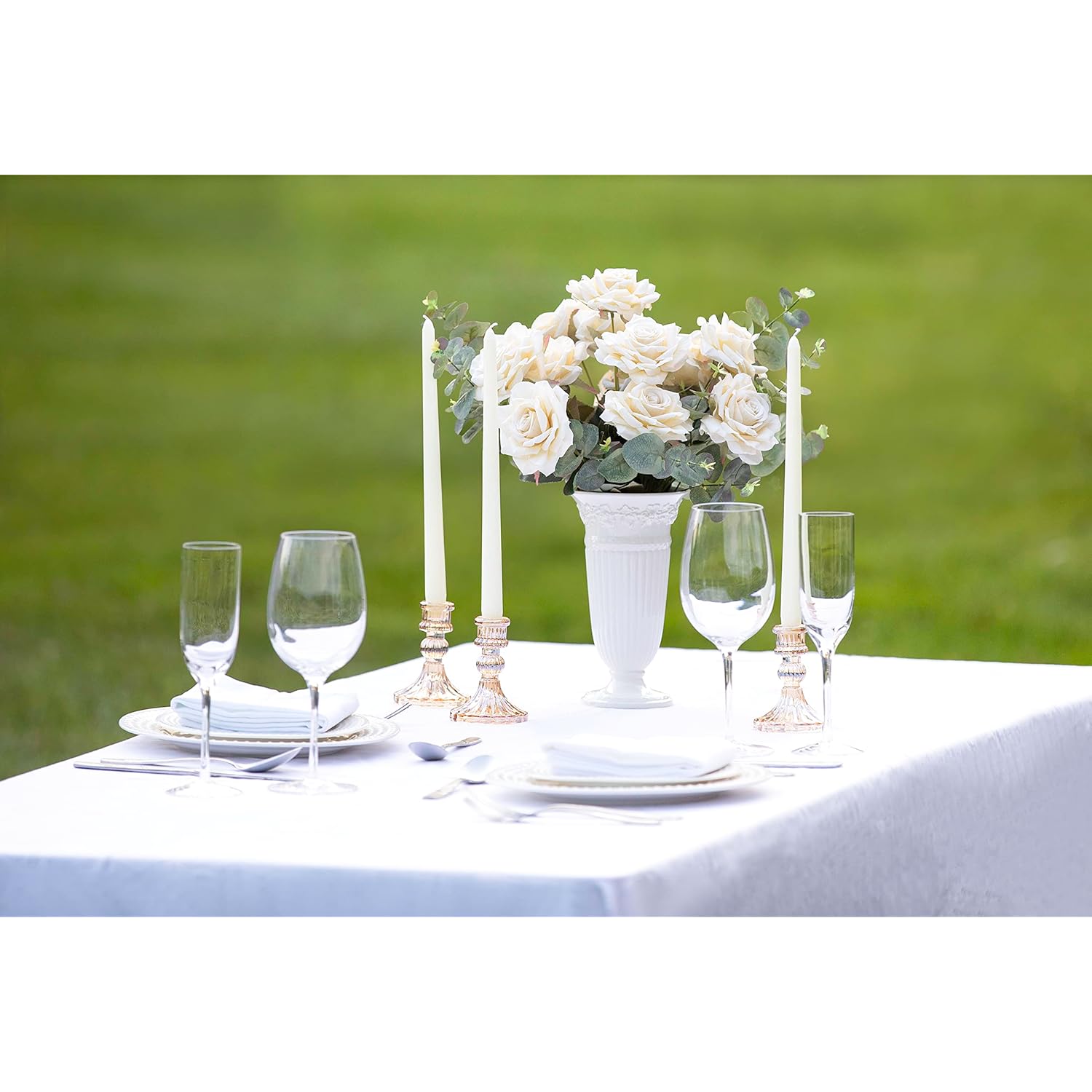 Silk Flowers Box Set Faux Flowers, 14 Heads Long-Stem Real Touch Silk Roses In Two Branches For Home Decor Centerpieces Wedding Decor Bridal Shower Party (Ivory White*)