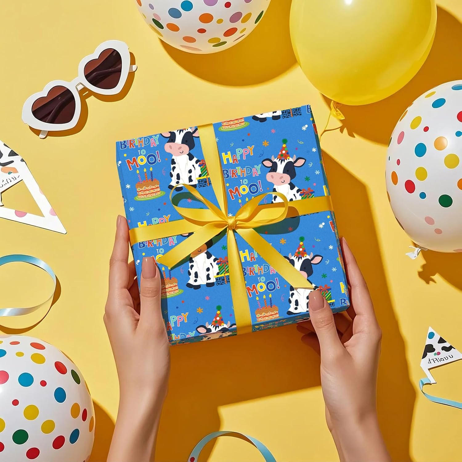 Cow Birthday Wrapping Paper Roll - Mini Roll - 17 Inch X 16.5 Feet - Cow Wrapping Paper With Cakes And Happy Birthday Moo Design Perfect For Girls Boy Kids, Baby Shower