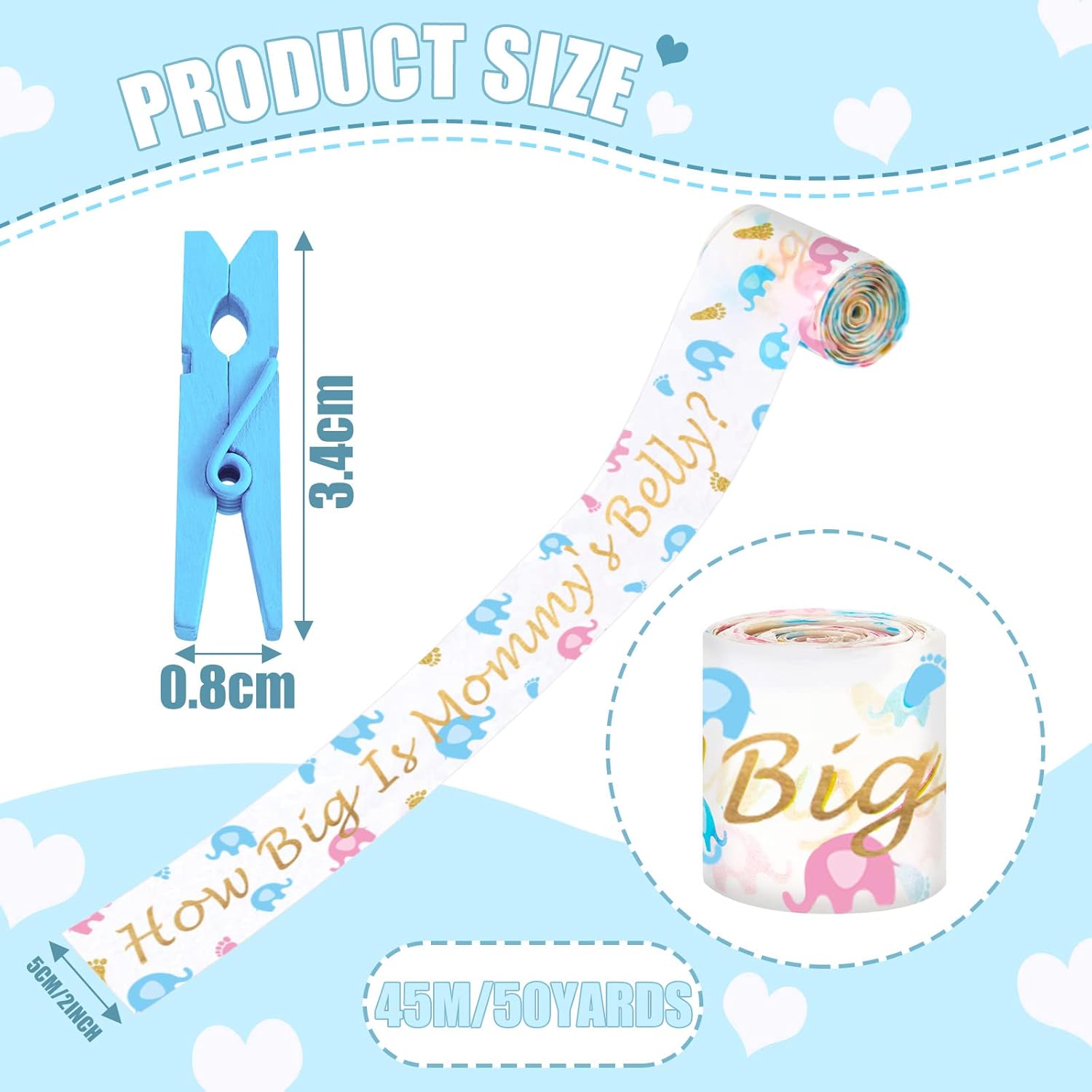 Baby Shower Games Set - Tummy Measuring Tape & Mini Clothespins, How Big Is Mommys Belly & Don'T Say Baby Games For Shower Party Favors (Blue)