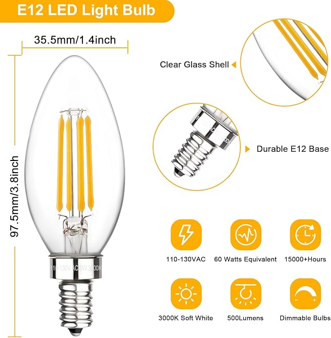 E12 Candelabra LED Bulbs 60W Equivalent B11 Dimmable 3000K Soft White Chandelier Bulbs 6 Pack