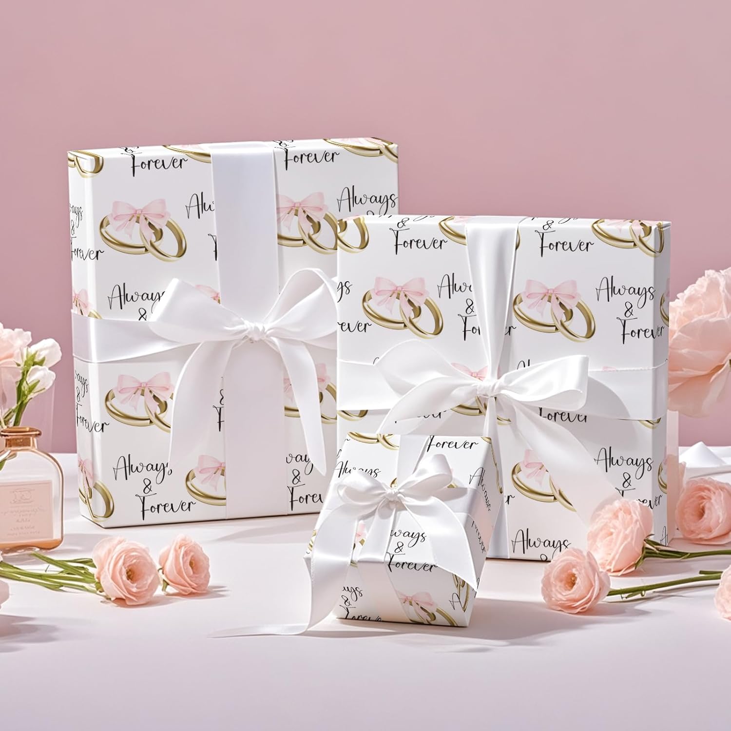 Wedding Wrapping Paper Roll, Mini Roll, Pink Bows And Golden Rings With Always & Forever Text Design, Elegant Gift Wrap For Wedding, Anniversary, Bridal Shower, 17 Inches X 16.4 Feet