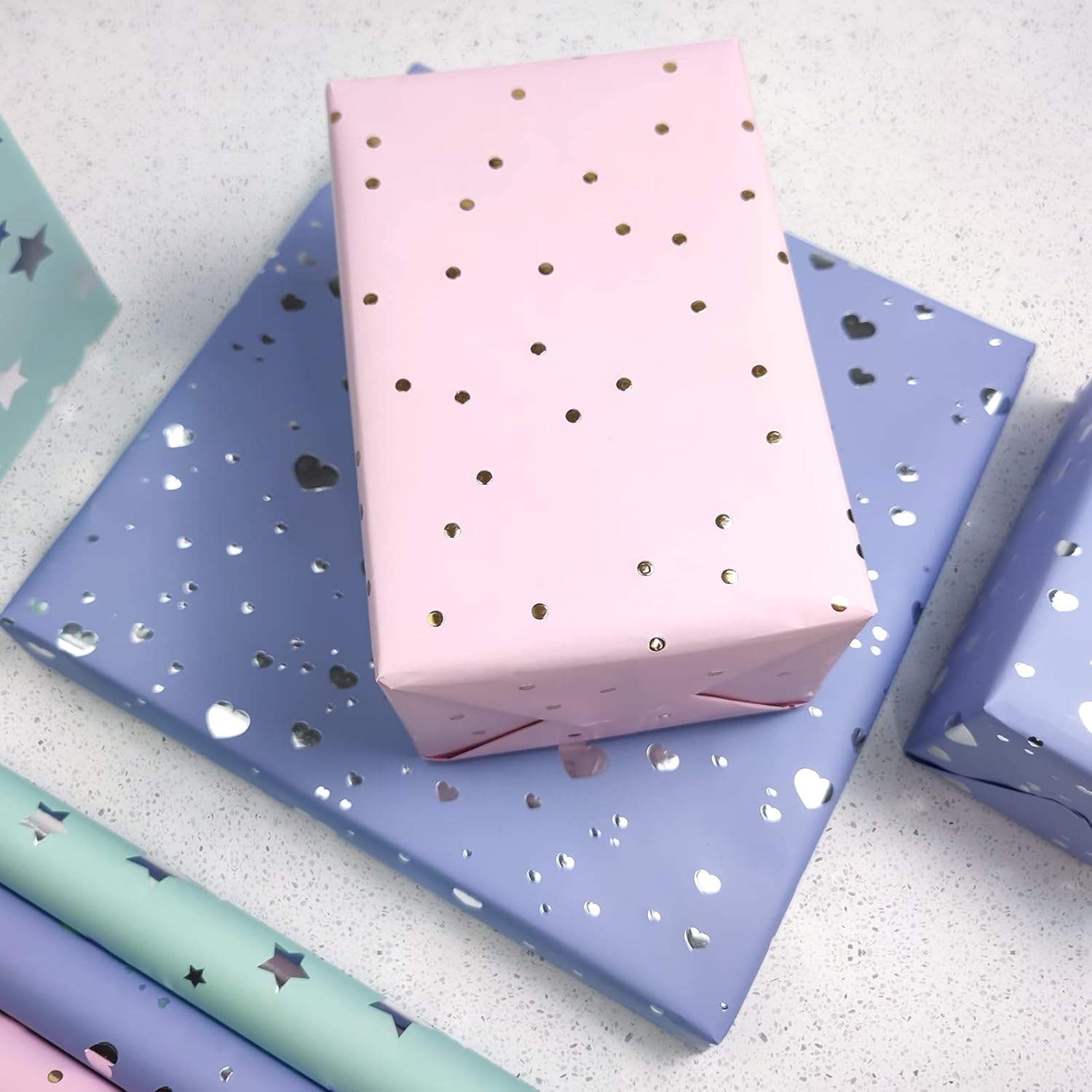 Mini Short Small Wrapping Paper Roll With Cut Lines On Reverse (17" X 120" Per Roll) - Light Purple/Pink/Blue With Gold/Silver Foil For Birthday, Wedding, Baby Shower,Bridal Showers