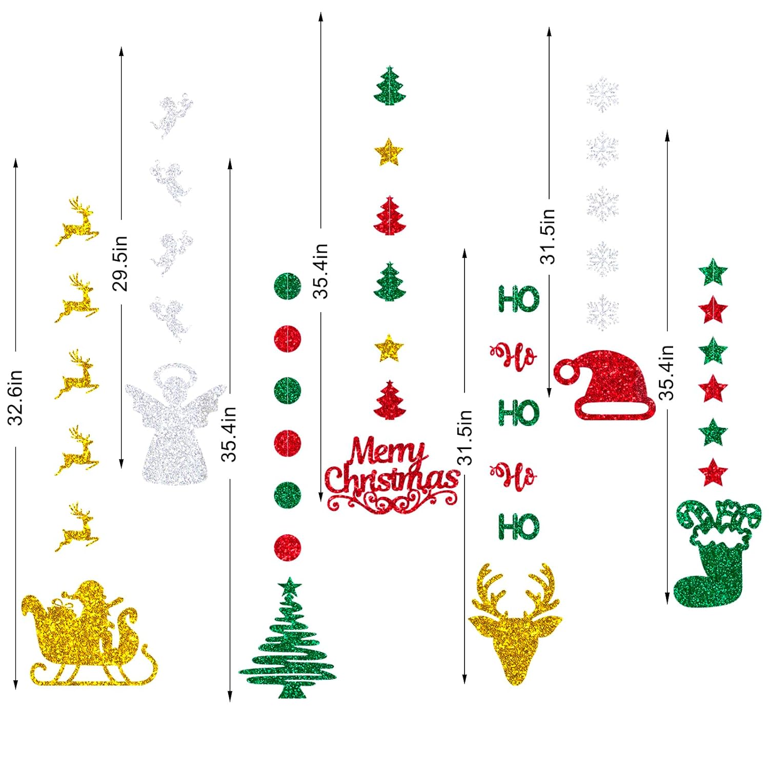 Glitter Christmas Hanging Banner Garland Decorations - Reindeer, Santa Hat, Stocking, Tree, Santa Claus And More - Indoor/Outdoor Party Supplies For Birthday, Home, Office, Classroom
