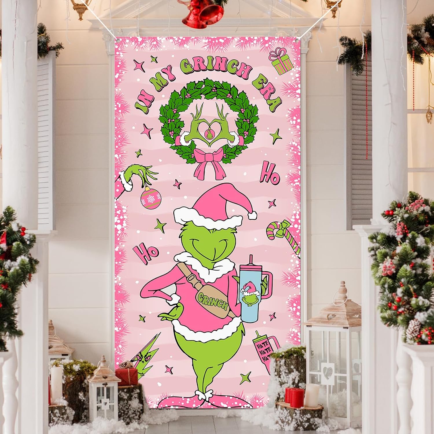 Pink Christmas Banner Door Cover Christmas Door Decorations For Merry Holiday Porch Birthday Party Bridal Shower Supplies 35 * 70 Inch