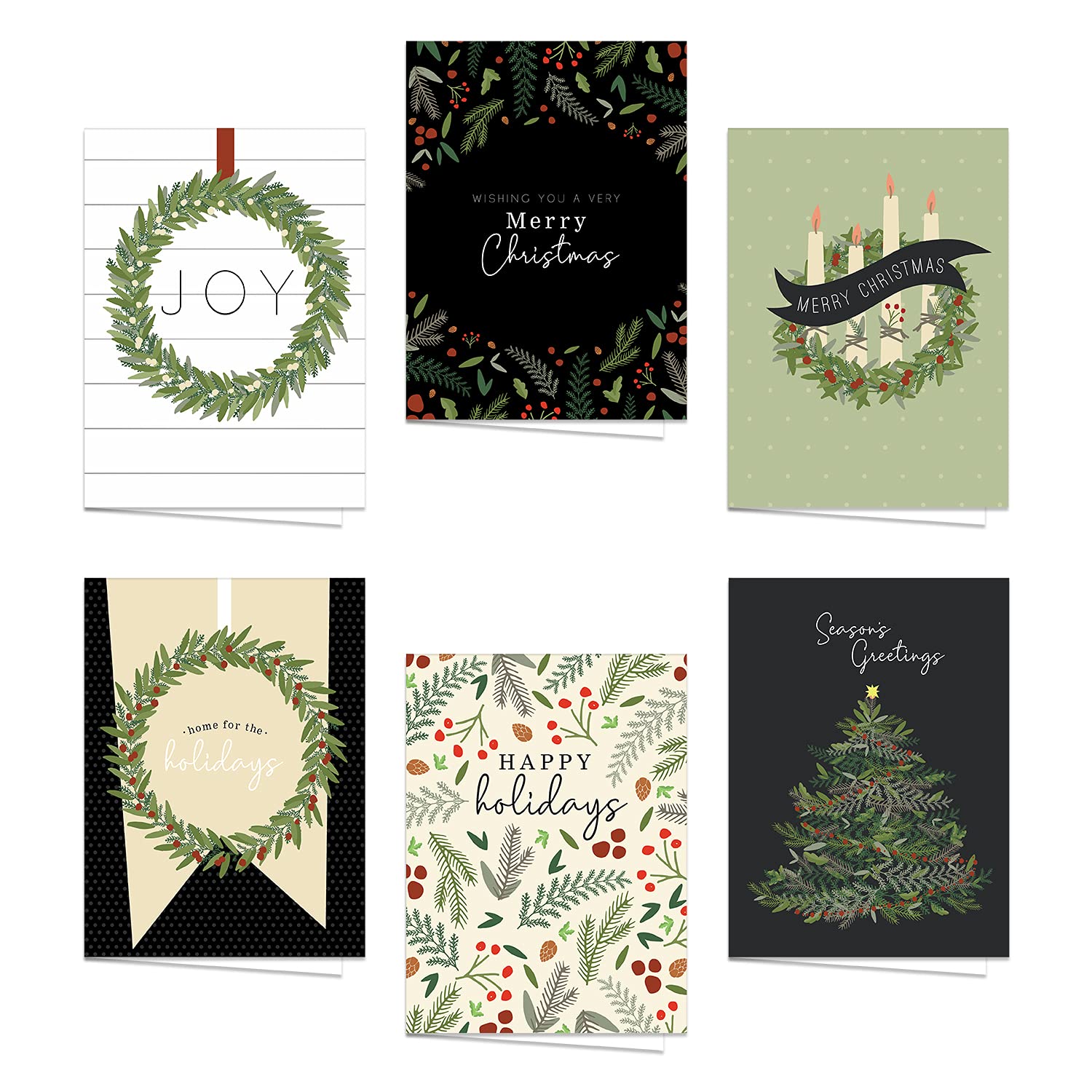 Farmhouse Style Holiday Card Pack / 24 Modern Magnolia Wreath Christmas Note Cards With White Envelopes / 6 Illustrated Holiday Designs / 4 5/8" X 6 1/4" Seasonal Greeting Cards