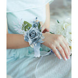Wrist Corsage Wristlet And Boutonniere Set For Wedding Bridesmaid Mother Grandmother For Bridal Shower Wedding Artificial Roses Flower Prom Set Of 2 (Dusty Blue)