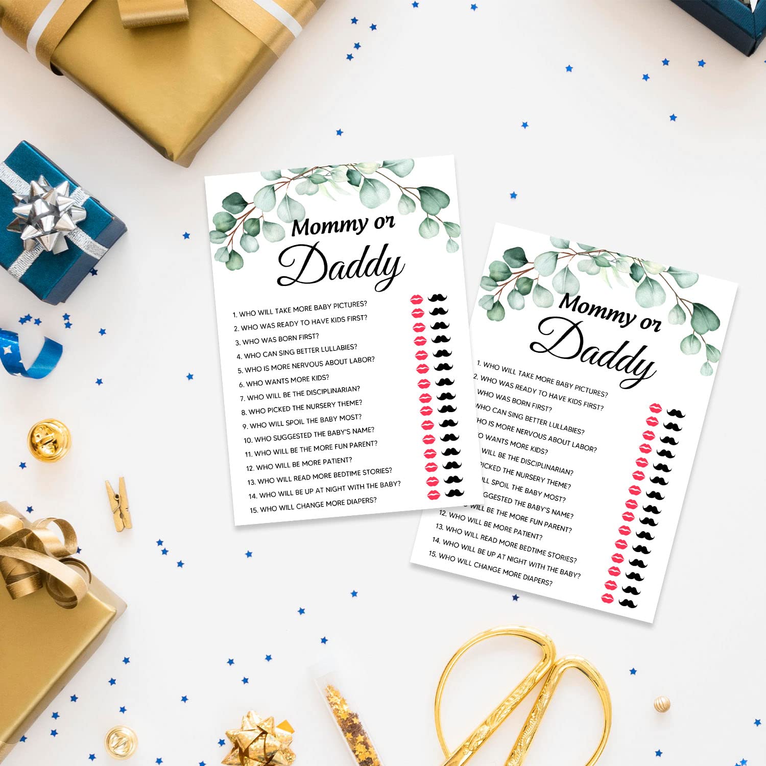 Baby Shower Games, Mommy Or Daddy Game, Greenery Eucalyptus Theme Party Cards For Gender Neutral Boys Or Girls, Baby Shower Party Supplies -Set Of 30 Cards