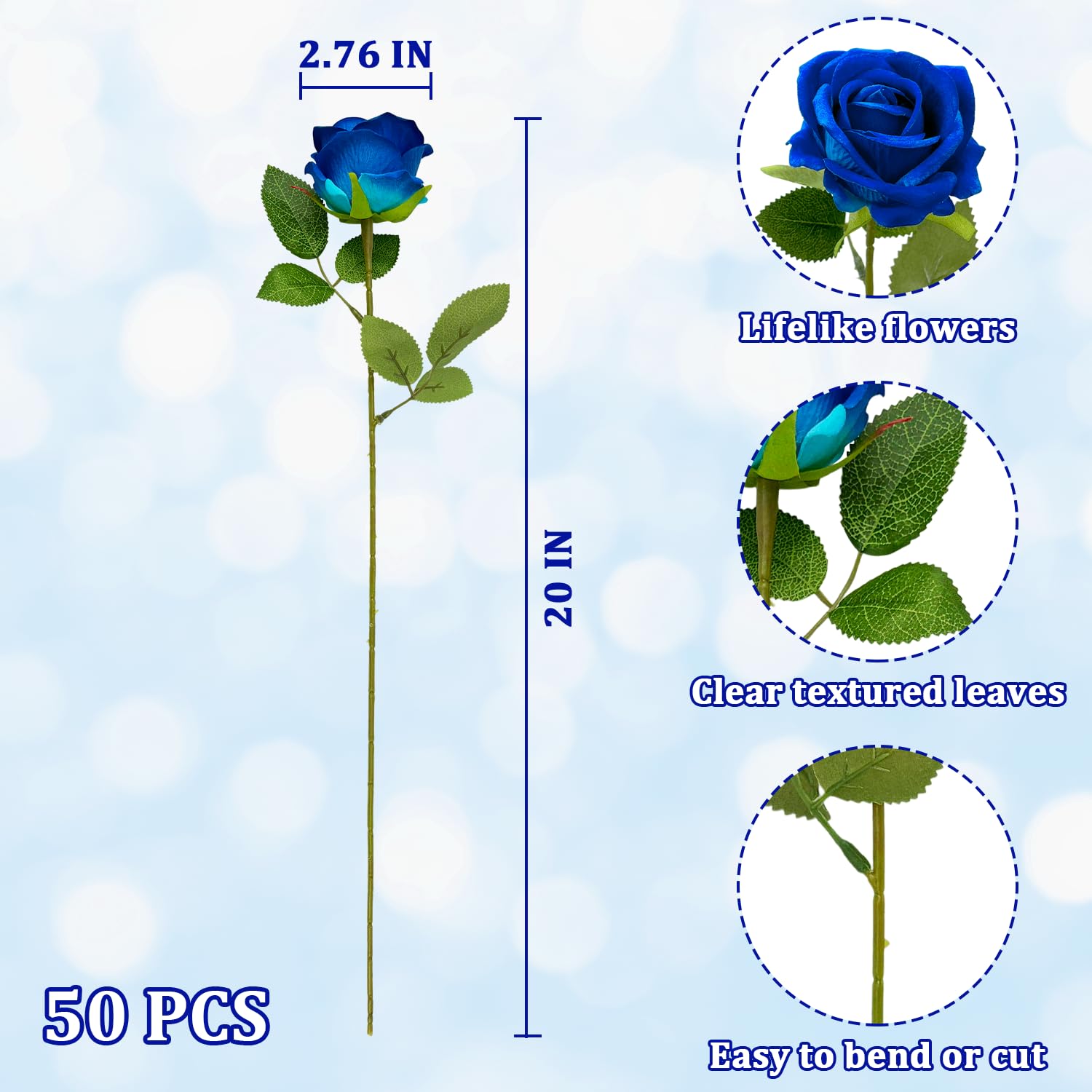 Bulk Artificial Flowers 50 Pcs, Fake Velvet Silk Blue Roses With Long Stems Realistic Bouquet For Wedding Centerpieces, Faux Arrangement For Valentines Day Home Table Decorations