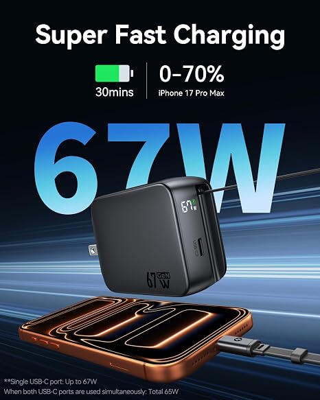 67W Retractable USB C Fast Charger with Built In Cable Dual Port GaN Wall Charger