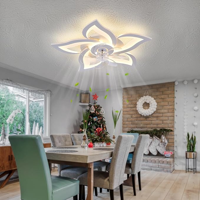 White Flower Ceiling Fan with Light and Remote Low Profile LED Dimmable Flush Mount