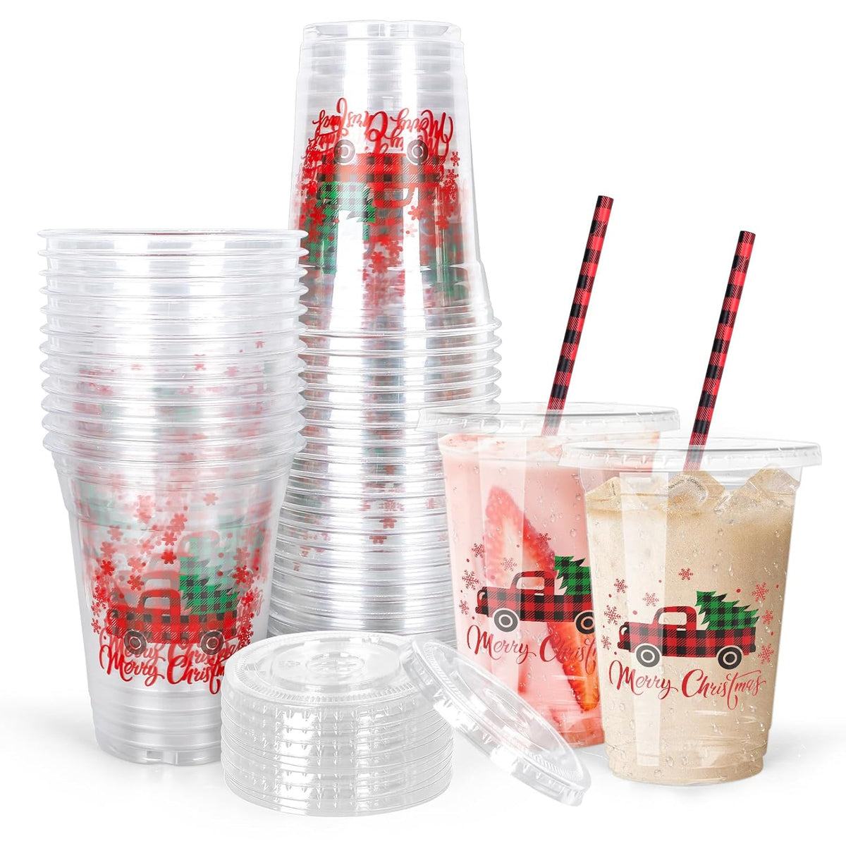 50Pcs Merry Christmas Party Cups Plaid Truck Snowflake Tree Disposable Clear Plastic Cups With Flat Lids Plaid Straw Party Supply Drinkware For Xmas Coffee Beer Beverage