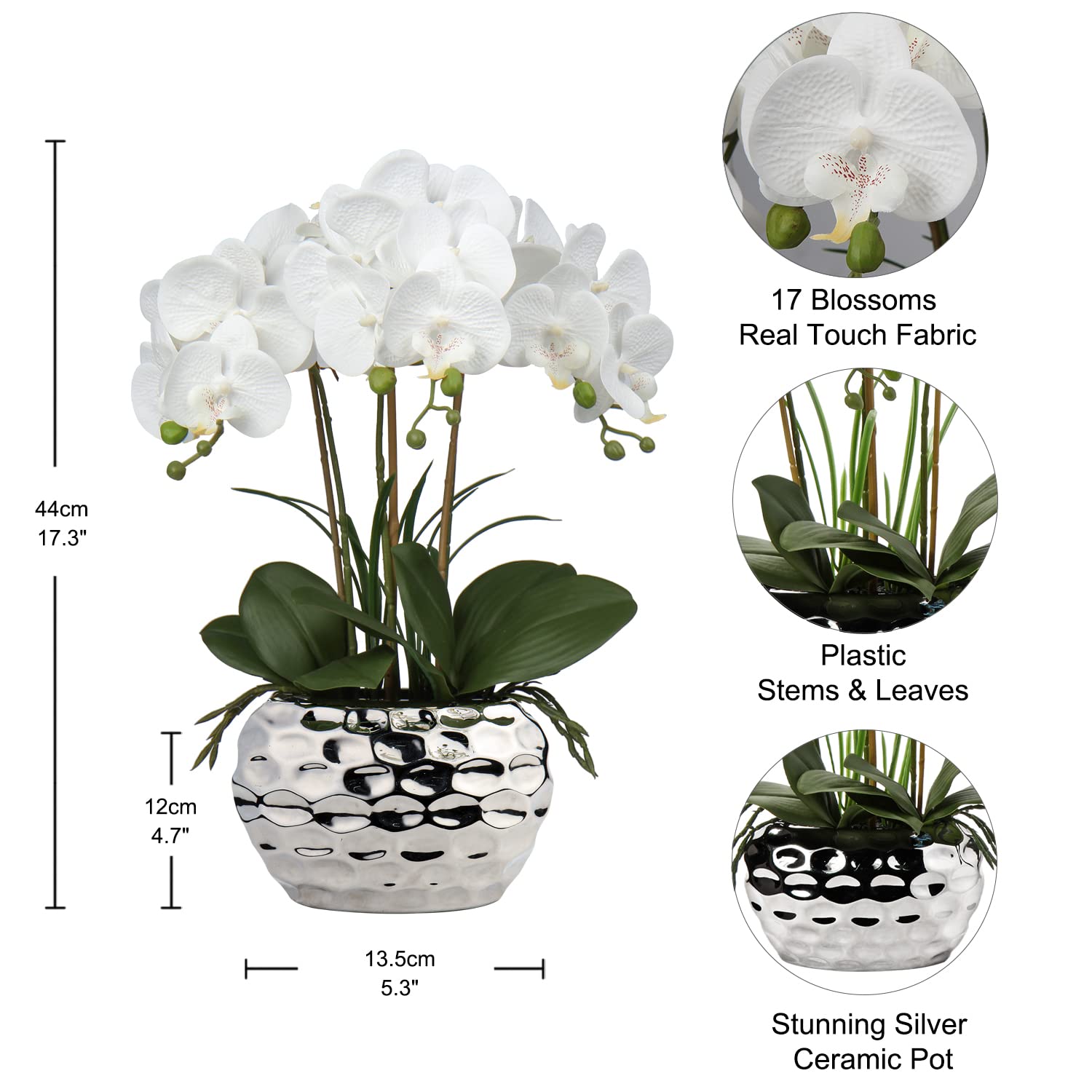 Orchids Artificial Flowers 18" White Phalaenopsis Large Orchid With Silver Ceramic Pots Silk Faux Orchid Arrangement For Home Office Bathroom Living Room Table Decoration