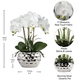 Orchids Artificial Flowers 18" White Phalaenopsis Large Orchid With Silver Ceramic Pots Silk Faux Orchid Arrangement For Home Office Bathroom Living Room Table Decoration