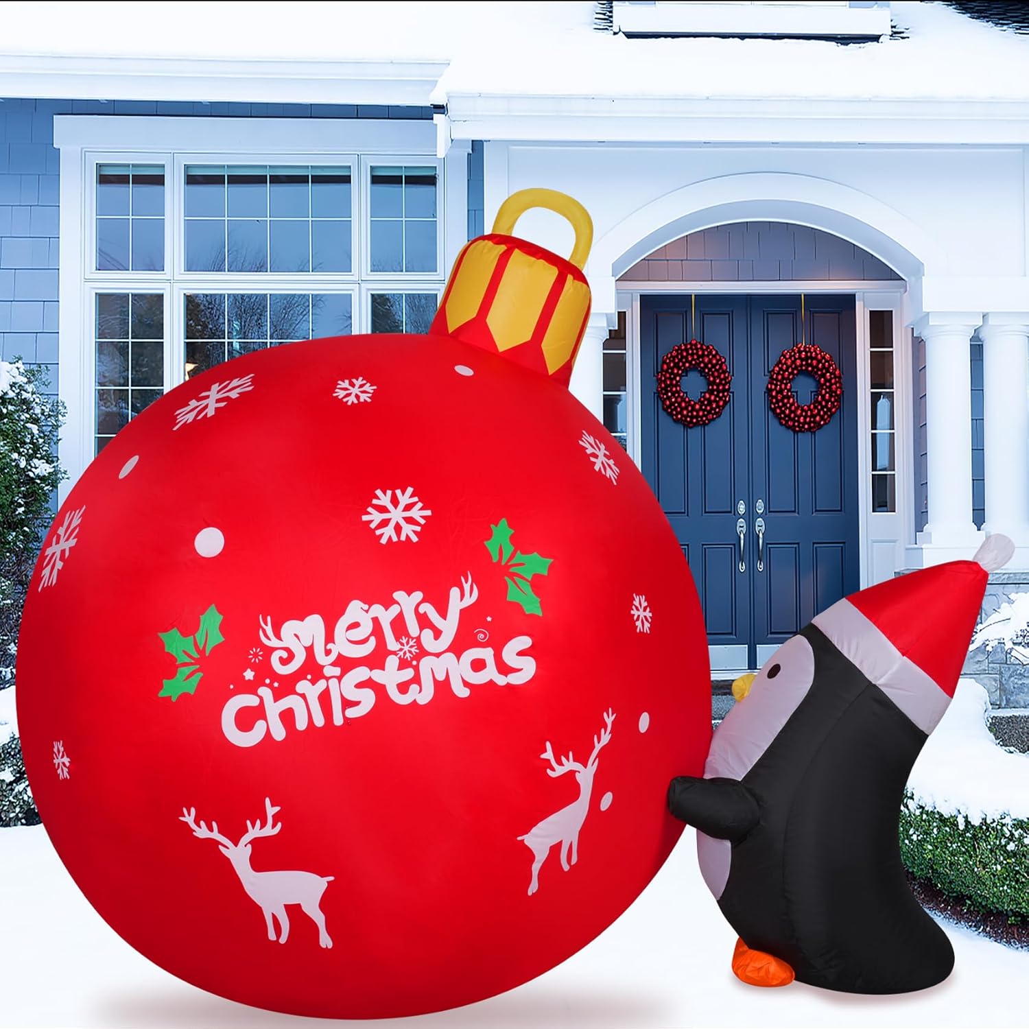 4Ft Christmas Inflatables Outdoor Decorations Inflatable Penguins Push Christmas Bell With Build-In Leds Blow Up Holiday