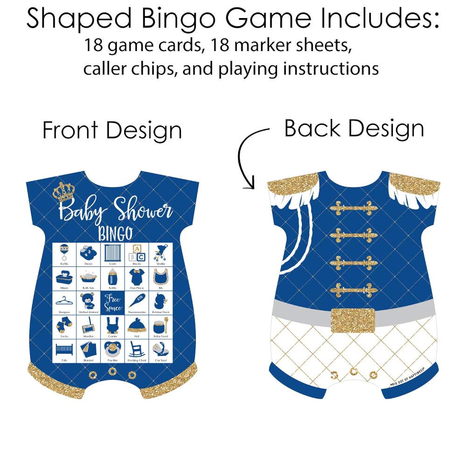Big Dot of Happiness Royal Prince Charming - Picture Bingo Cards and Markers - Baby Shower Shaped Bingo Game - Set of 18
