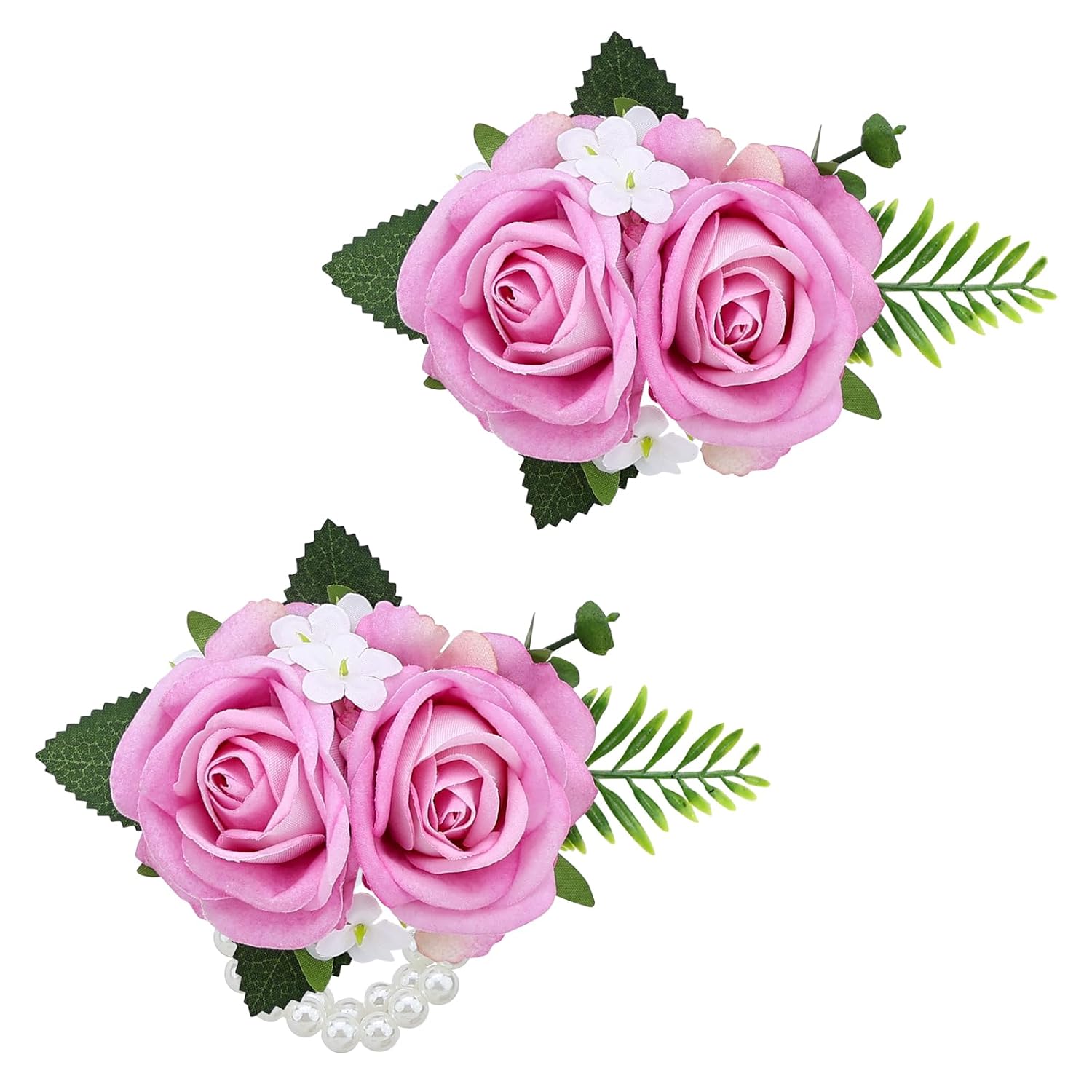 2Pcs Pink Rose Wrist Corsage Wristlet Band And Men Boutonniere Set, For Wedding Anniversary Ceremony Artificial Flowers Accessories Prom Party Suit Decorations