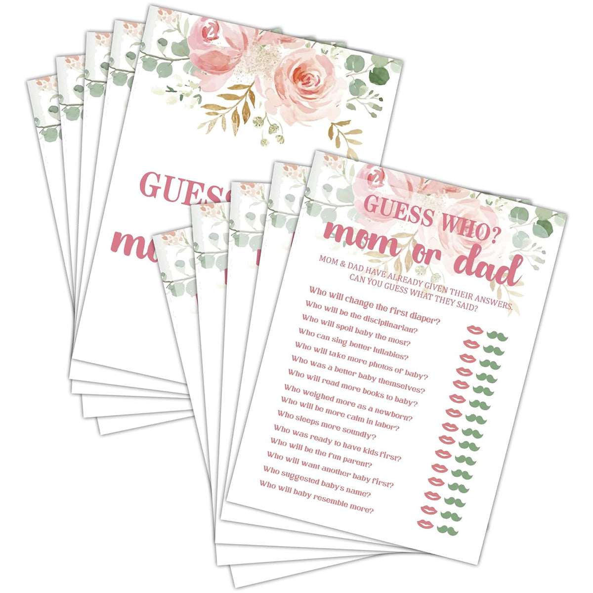 Baby Shower Game Set - Who Mom Or Dad Gender Reveal Party Decor Supply - Floral Greenery Baby Shower Games & Activities - Blush Pink Game Pack For Boys And Girls - 30 Game Cards(C04)