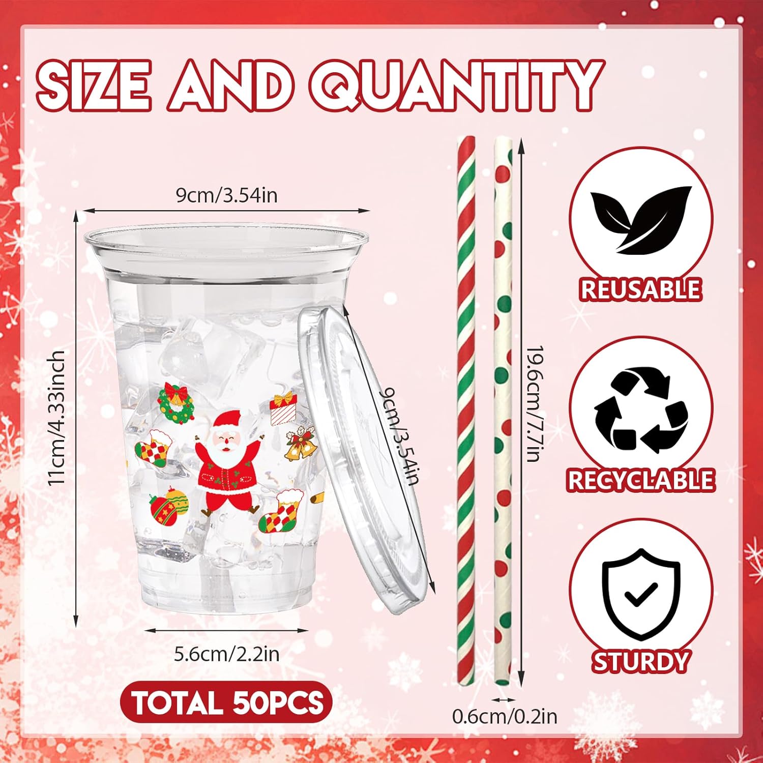 50 Sets Christmas Plastic Party Cups With Straws And Lids,12Oz Disposable Holiday Clear Cups Santa Tree Stocking Printed For Xmas Party, Celebrations, School, Office, Family Gatherings