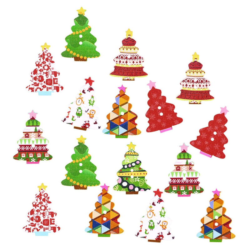 100Pcs Christmas Tree Buttons Christmas Sewing Buttons Mixed Patterns With 2 H