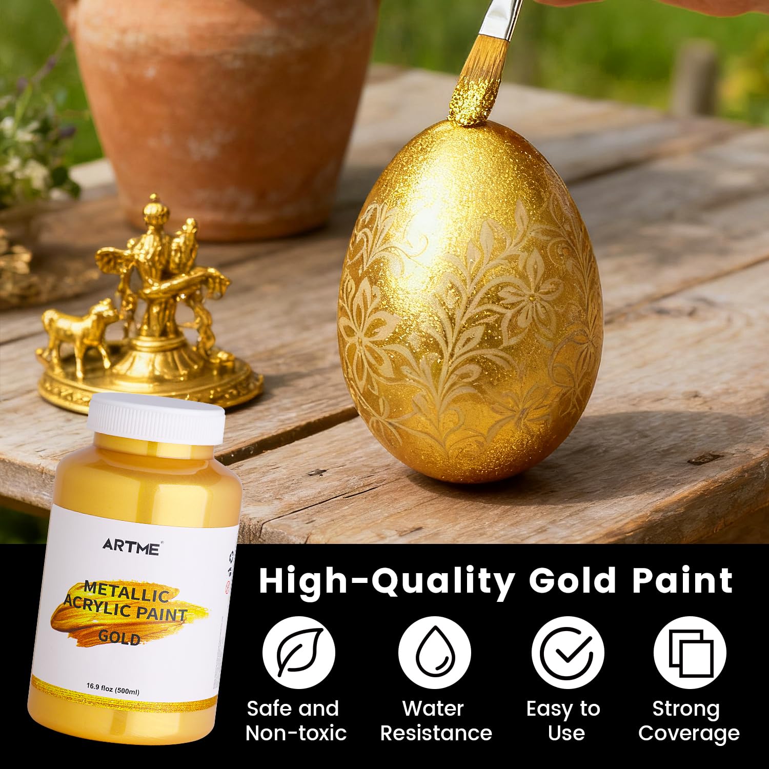 Acrylic Paint Metallic Gold, 16.9 Fl Oz/500Ml Large Bottle Gold Leaf Paint For Art Painting, Hand-Crafts, Non-Toxic, Non-Fading Gold Paints Ideal For Canvas, Wood, Furniture, Fabric, Ceramic, Stone Craft Supplies
