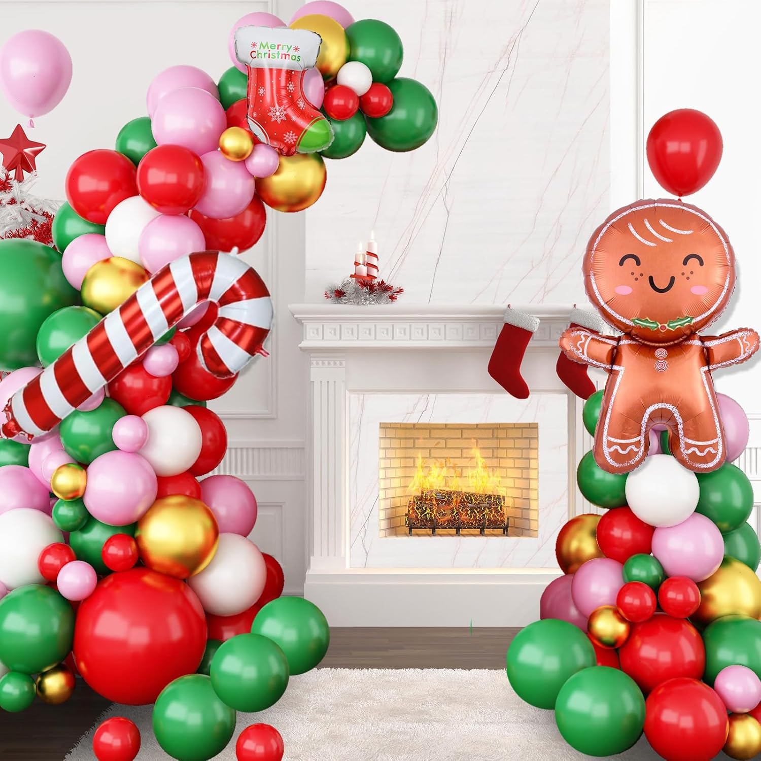 Christmas Balloons Arch, Pink Green Red Christmas Balloons, 5 10 18 Inch Green Pink Gold Christmas Balloon Garland Kit With Cane Gingerbread Man Christmas Socks Foil Balloons For Christmas Party