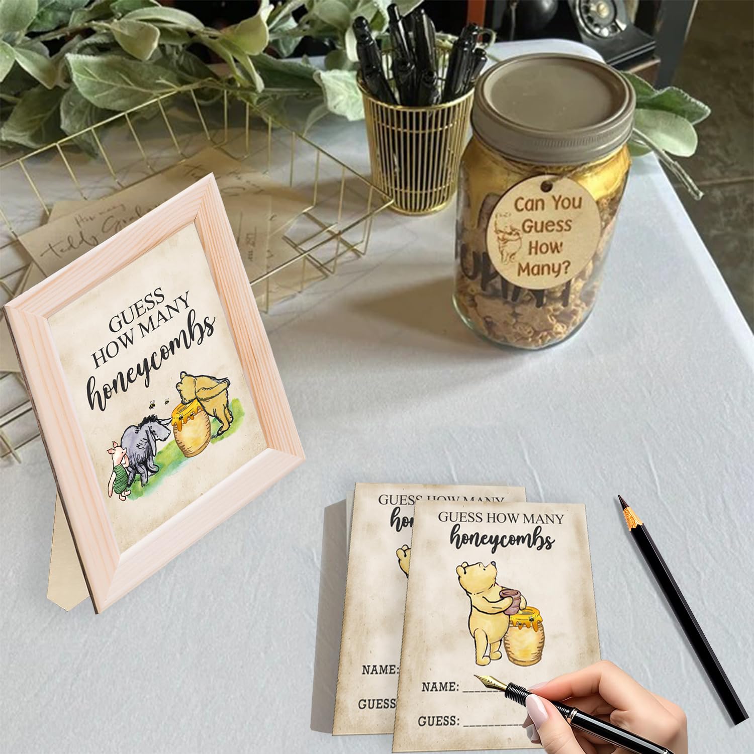 Classic The Winnie Bear Guess How Many Honeycombs Game- Perfect For Baby Showers, Newborn Parties & Birthdays Decorations | Wood Frame + Sign + Guest Game Card - 40 Pcs Set