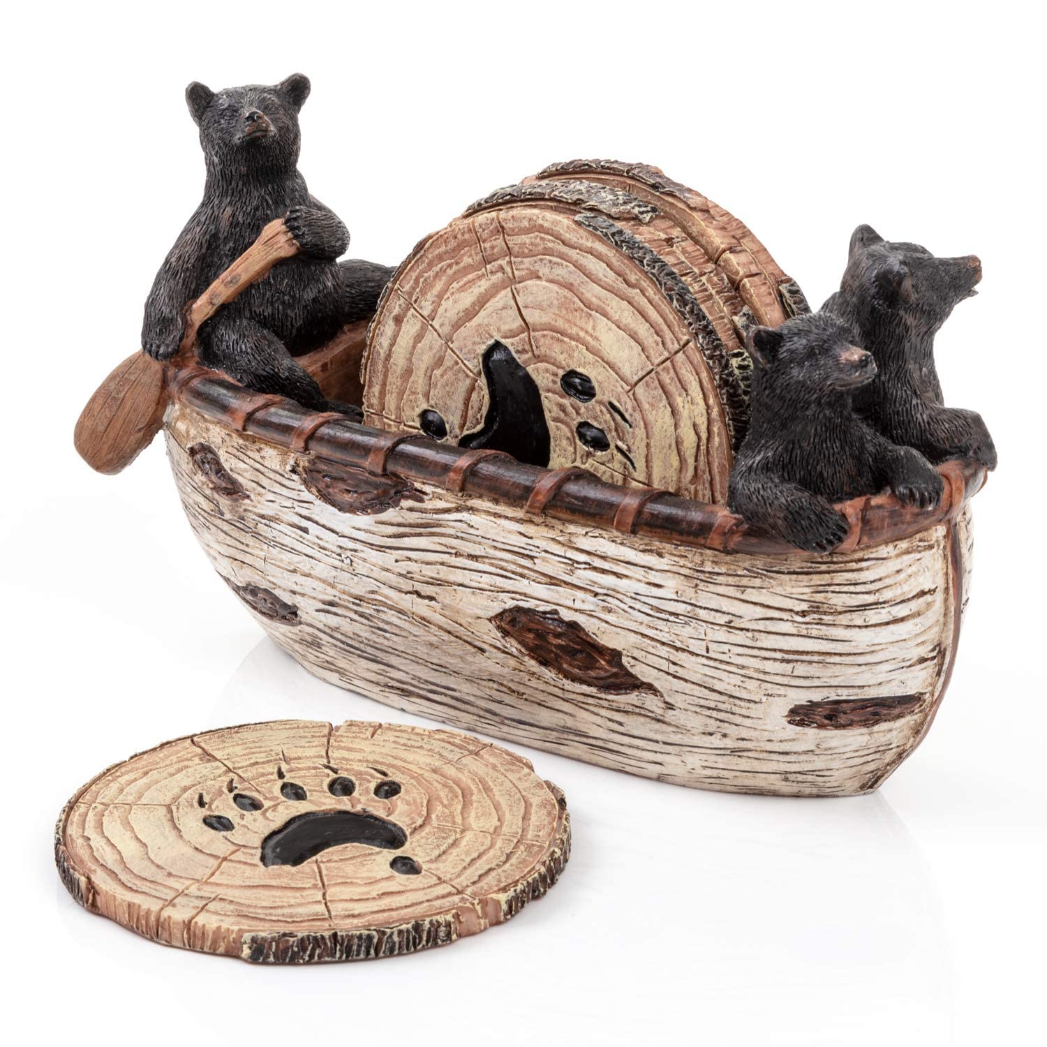 Bear Coasters Set Of 6 Full Size Rustic Coasters In Handmade Canoe With Adorable Black Bear Figurines | Black Bear Log Cabin Decorations, Rustic Lodge Decor For The Home