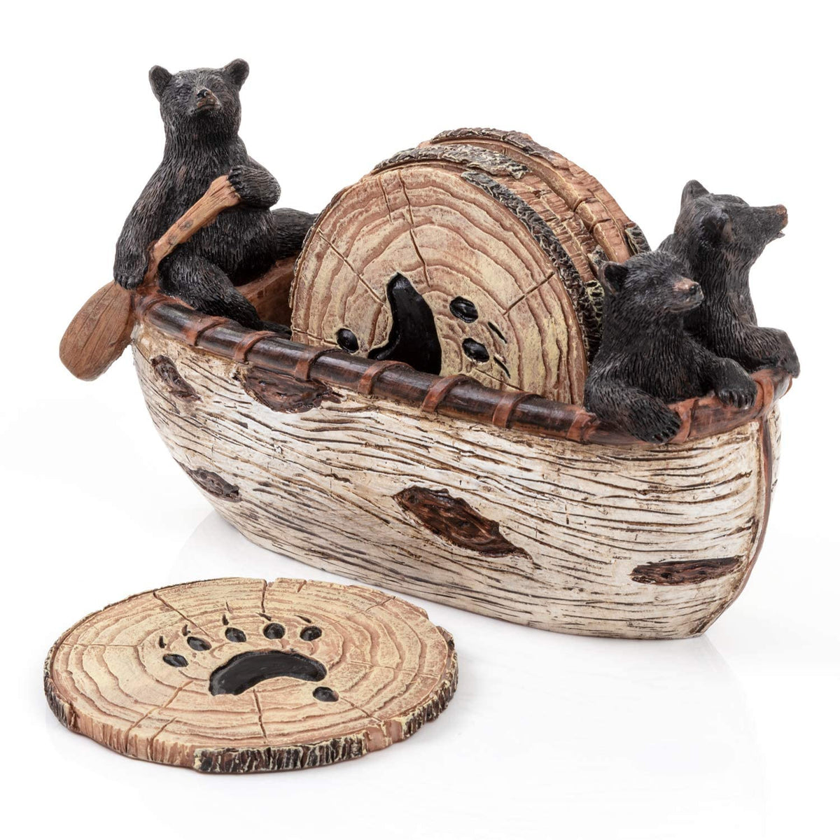 Bear Coasters Set Of 6 Full Size Rustic Coasters In Handmade Canoe With Adorable Black Bear Figurines | Black Bear Log Cabin Decorations, Rustic Lodge Decor For The Home
