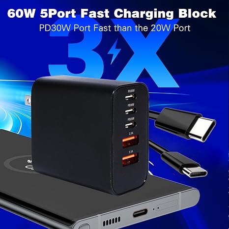 2 Pack 60W 5 Port USB C Fast Charger with 10FT Cable for iPhone 17 16 15 Pro