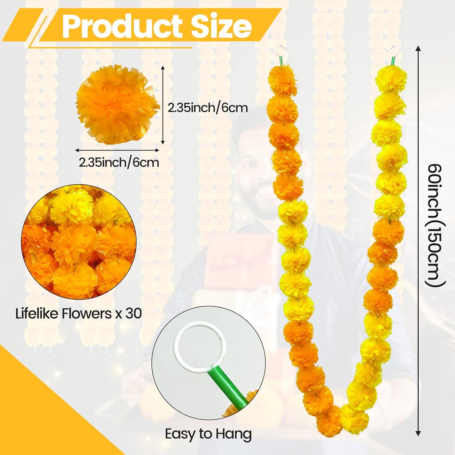 4Pcs Marigold Flowers 5 Feet Artificial Yellow Orange Marigold Garland For Decoration Indian Pooja Diwali Home Wedding Mantle Decor