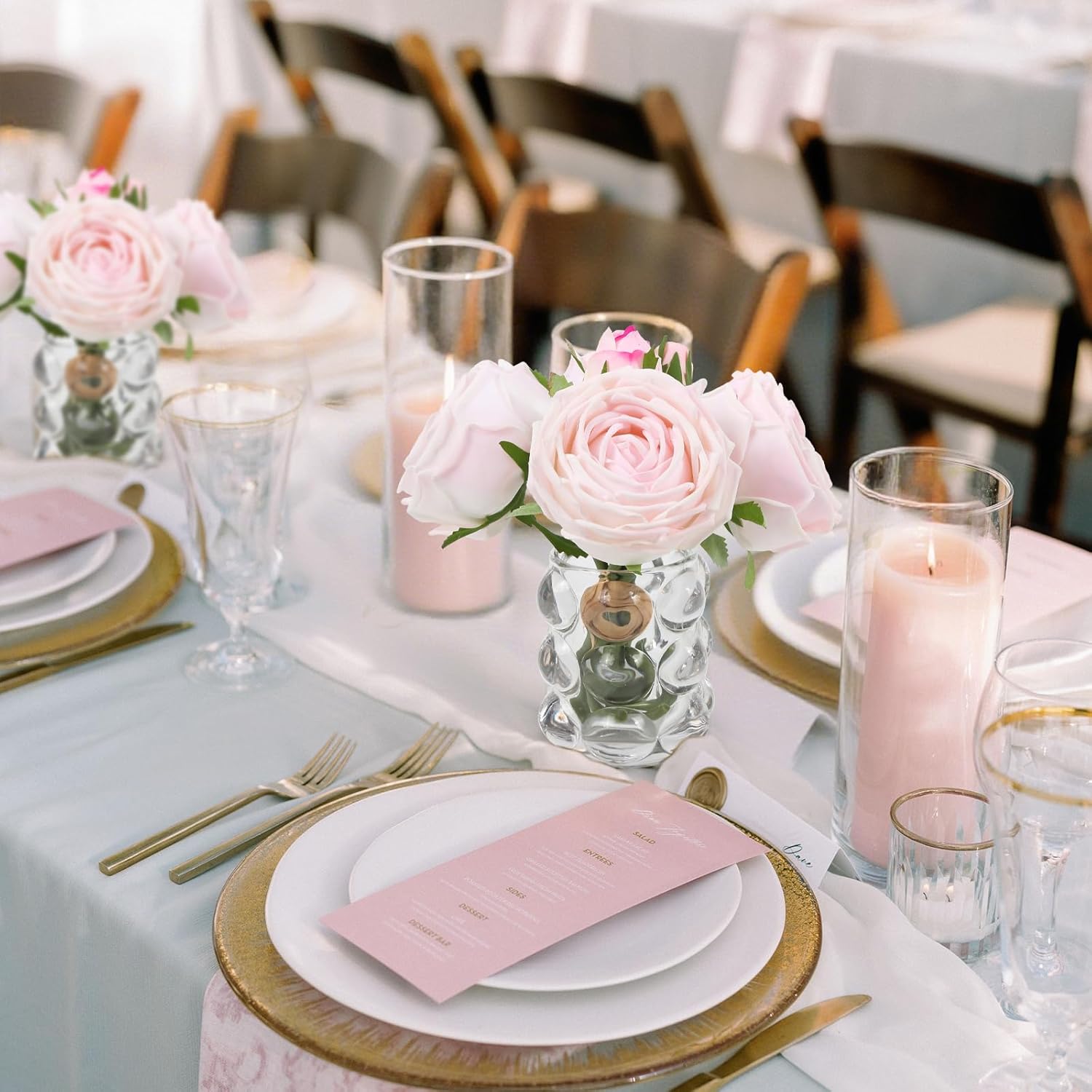 Fake Flowers With Vase,Real Touch Light Pink Roses Realistic Faux Flowers In Vase For Wedding Home Dining Table Centerpiece Decor(Light Pink)