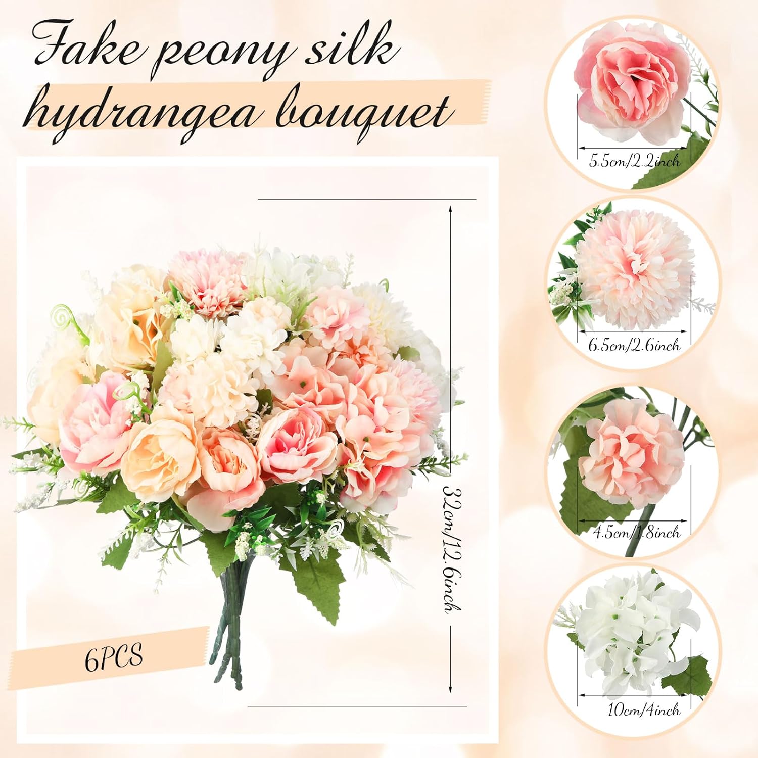 Artificial Flowers Artificial Peonies Silk Flowers Faux Peony Fake Peony Silk Hydrangea Bouquet For Wedding Table Centerpiece Floral Vase Decor(White,Pink,6 Bundles)