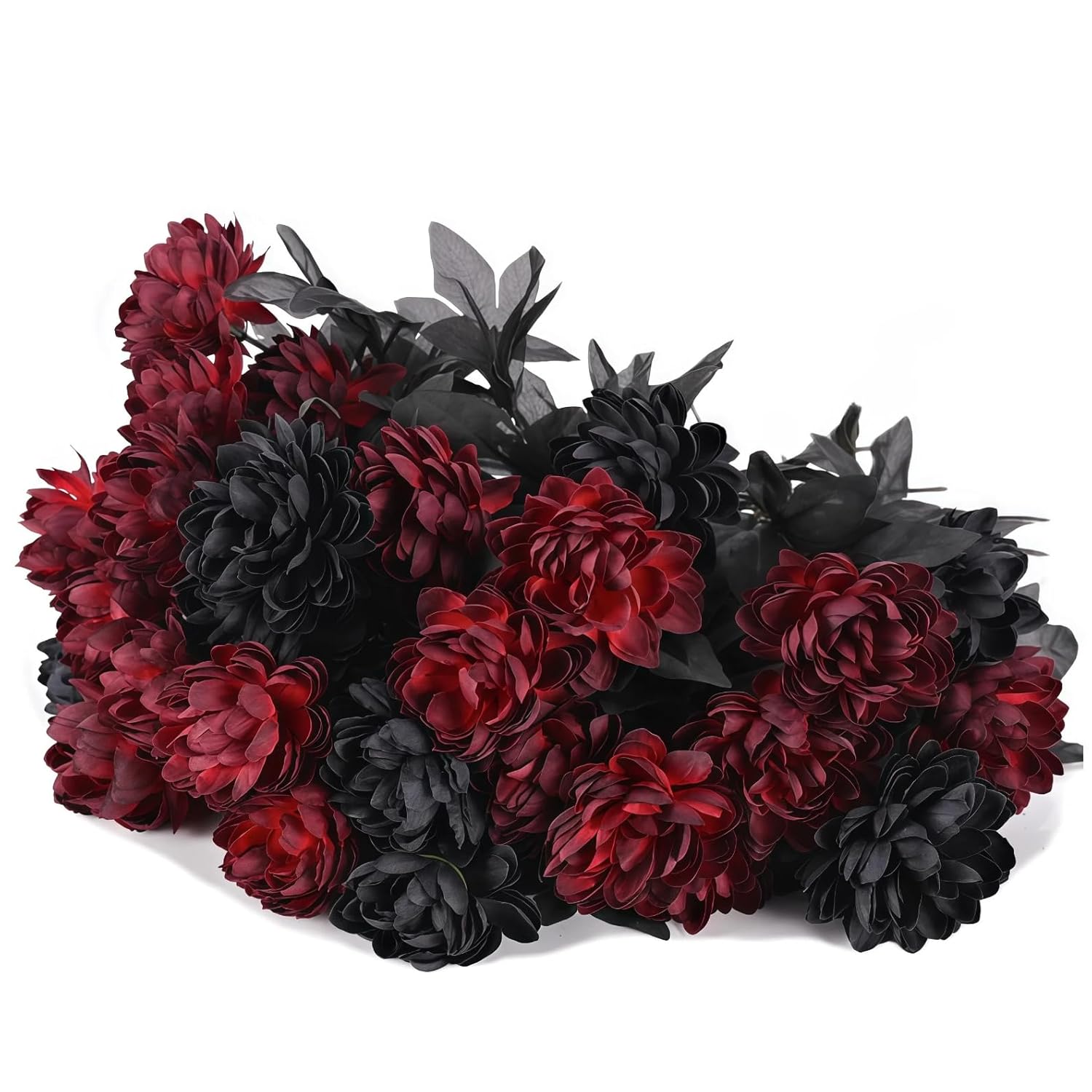 Black Burgundy Artificial Flowers Dahlia Bouquet - Lifelike Faux Gothic Floral Arrangement - 20 Piece Set For Black Red Gothic Decor Or Unique Valentine'S Accents