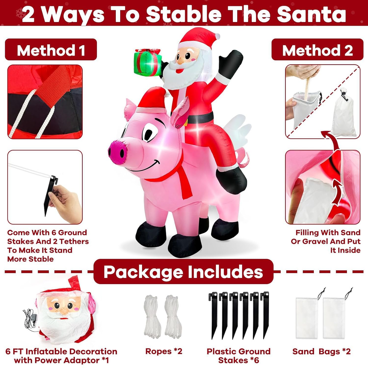 6 Ft Christmas Inflatable Outdoor Decoration, Lighted Farm Christmas Inflatables Santa Ride On Flying Pig With Built In