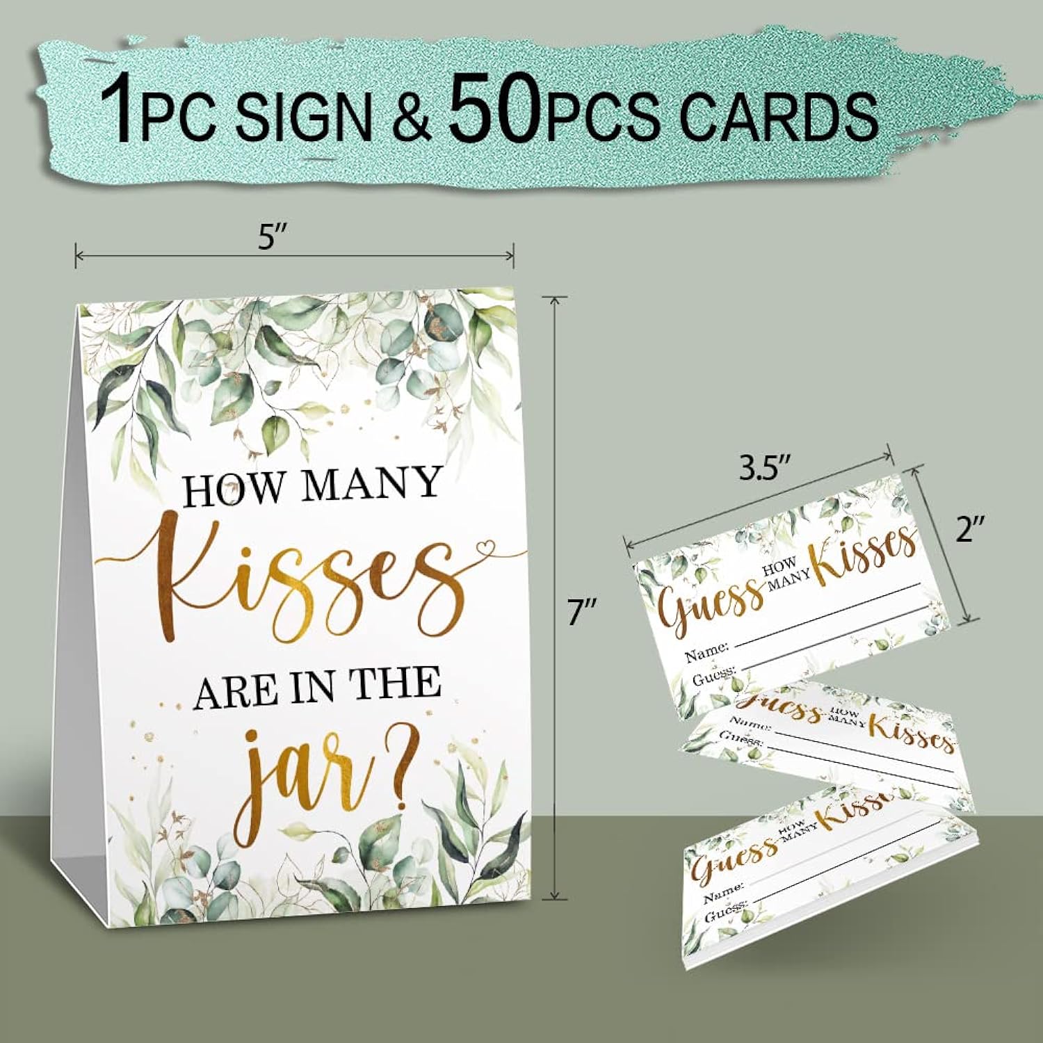How Many Kisses In The Jar Bridal Shower Game, Wedding Shower Games, Bachelorette Party Night, Eucalyptus Leaf Neutral Party Game Cards, Bridal Party Decorations - 1 Standing Sign And 50 Pcs Cards