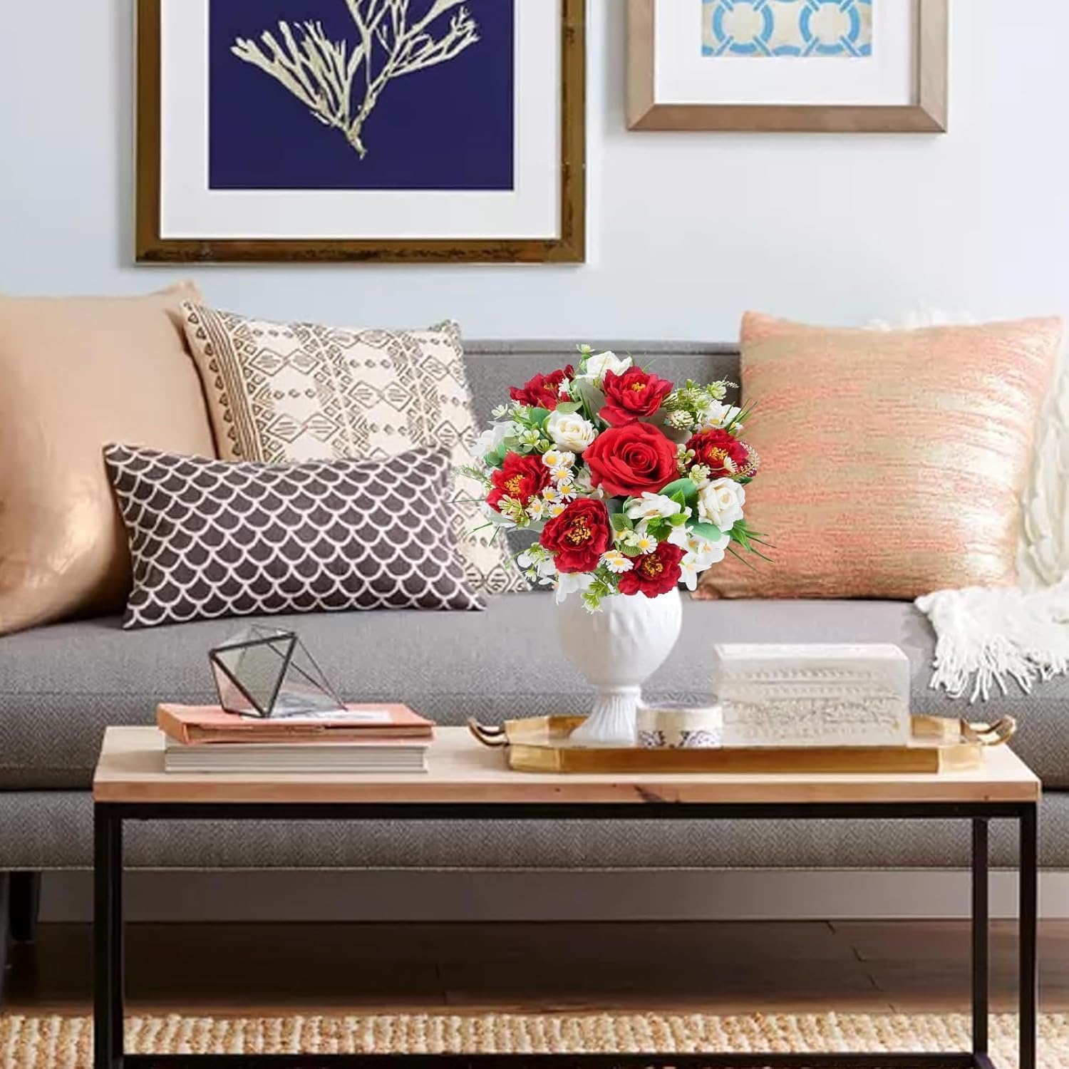Cemetery Flowers Silk Valentine'S Day Flowers Red Peony Artificial Flower With Whtie Rose Spring Faux Flowers For Grave Memorial Day Table Centerpiece Outdoor Indoor Home Decor
