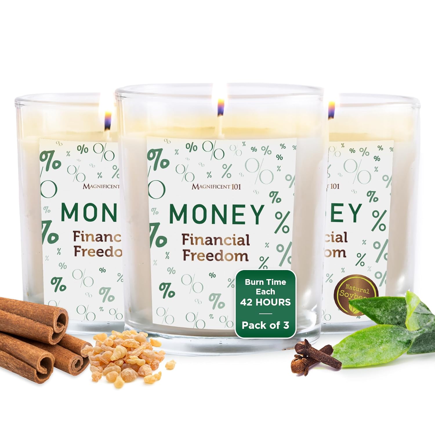 Set Of 3 Long-Lasting Money Financial Freedom Smudge Candles - 10.5 Oz - 42-Hour Burn - Made With Soy Wax And Sage Herbs - Candle For House Energy Cleansing & Manifestation