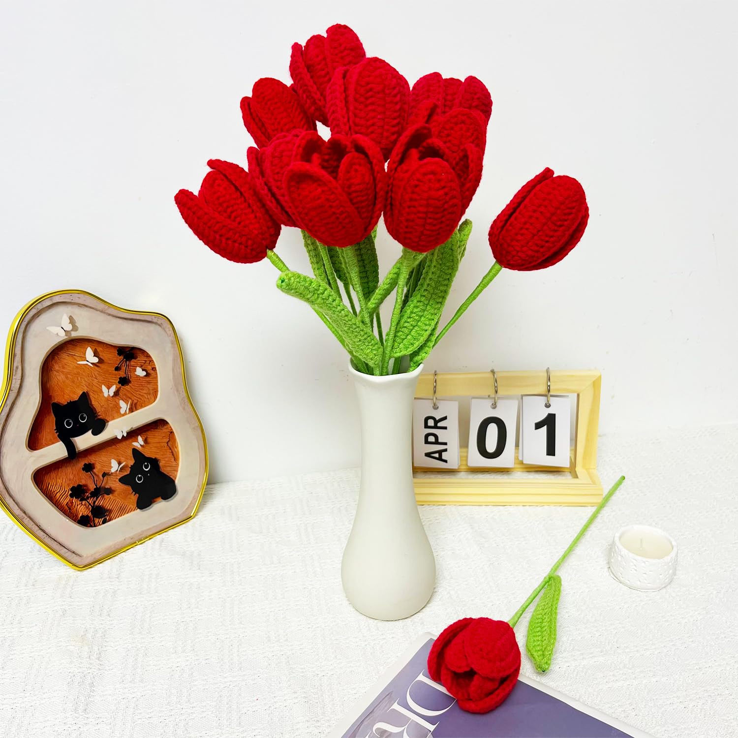Tulip Crochet Flowers, Finished Handmade Crochet Tulips, Artificial Tulip Home Decor, Length 38Cm/15 Inches, Knitted Flower Never Withered, Flowers For Mom, Daughter, Wife, Teacher (Red, 6)
