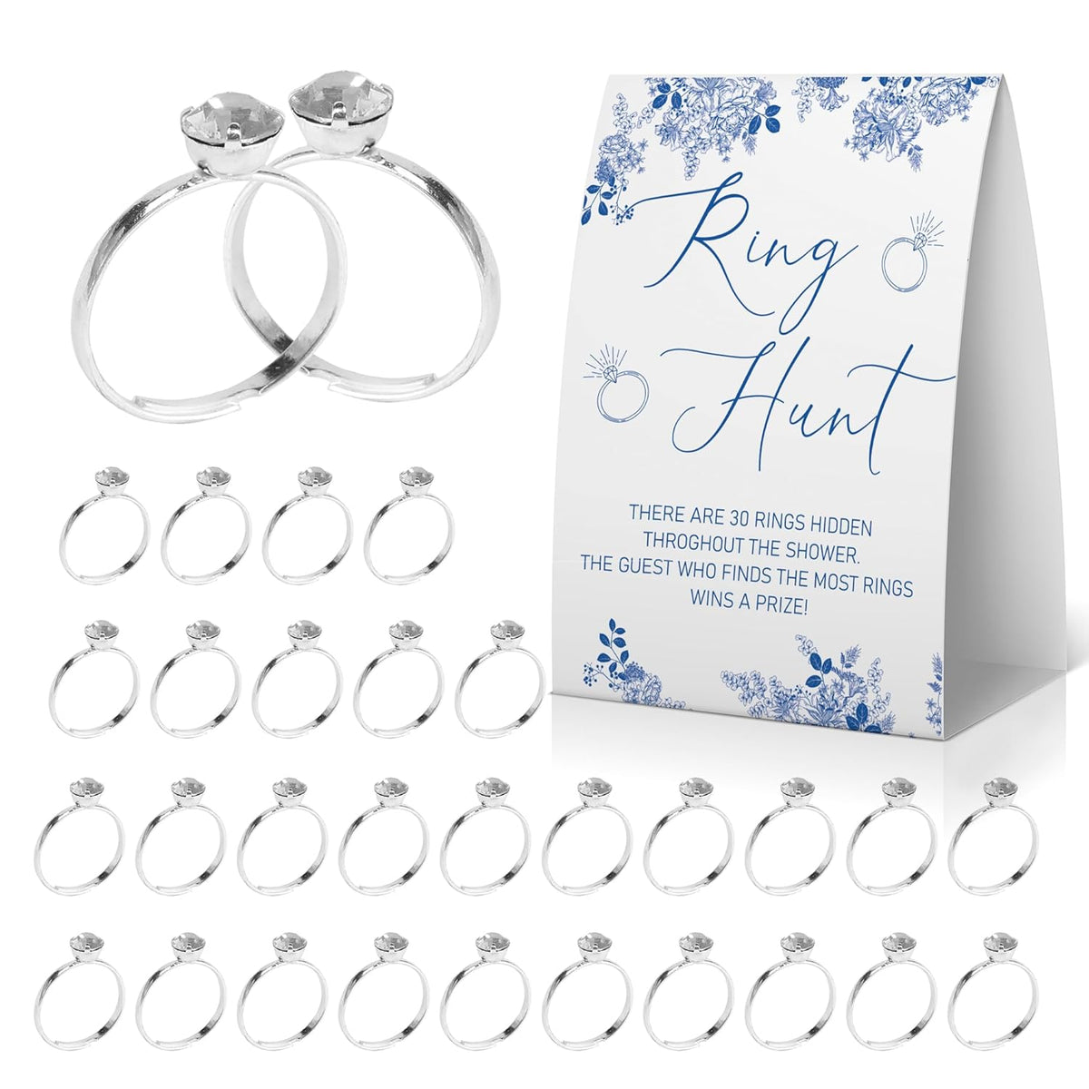 Ring Hunt Bridal Shower Game, Bridal Shower Ring Game, Something Blue Before I Do Decorations, Blue Floral Sign With 30 Metal Rings -Rghunt04