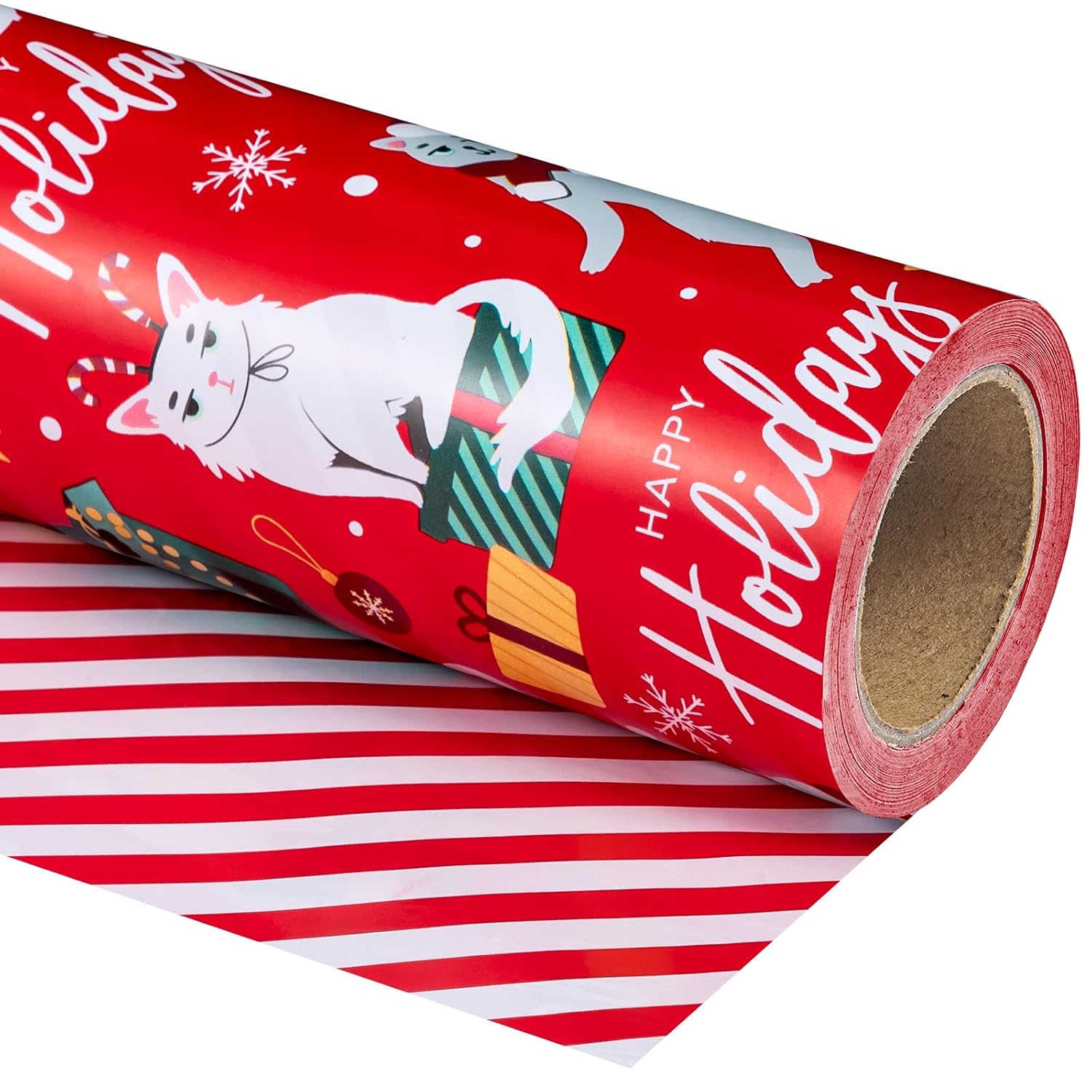 Reversible Cat Christmas Wrapping Paper - Mini Roll - 17 Inch X 33 Feet - Red Christmas Cat Wrapping Paper And Stripes Design For Holiday, Party Celebration