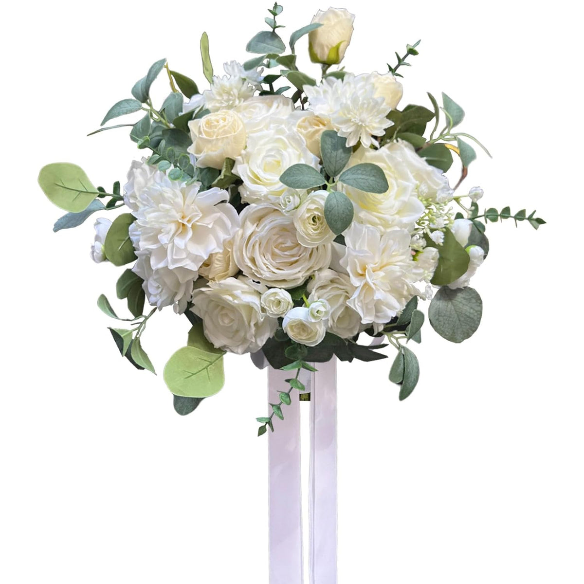 White Bridal Wedding Bouquet, Artificial Flowers Bridal Cascading Bouquets For Boho Rustic Wedding And Wedding Ceremony, Anniversary